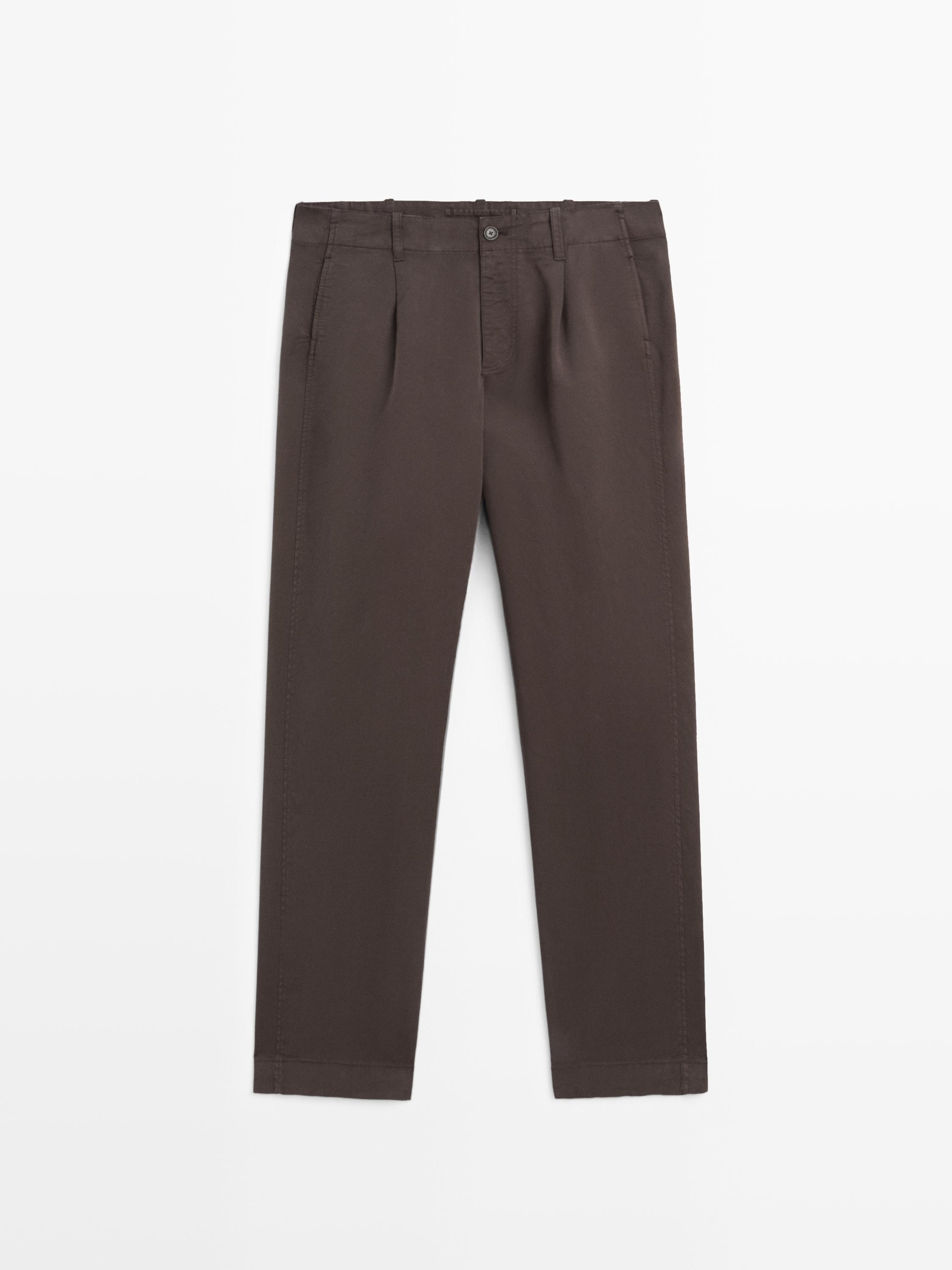 Cotton blend barrel fit trousers — BROWN