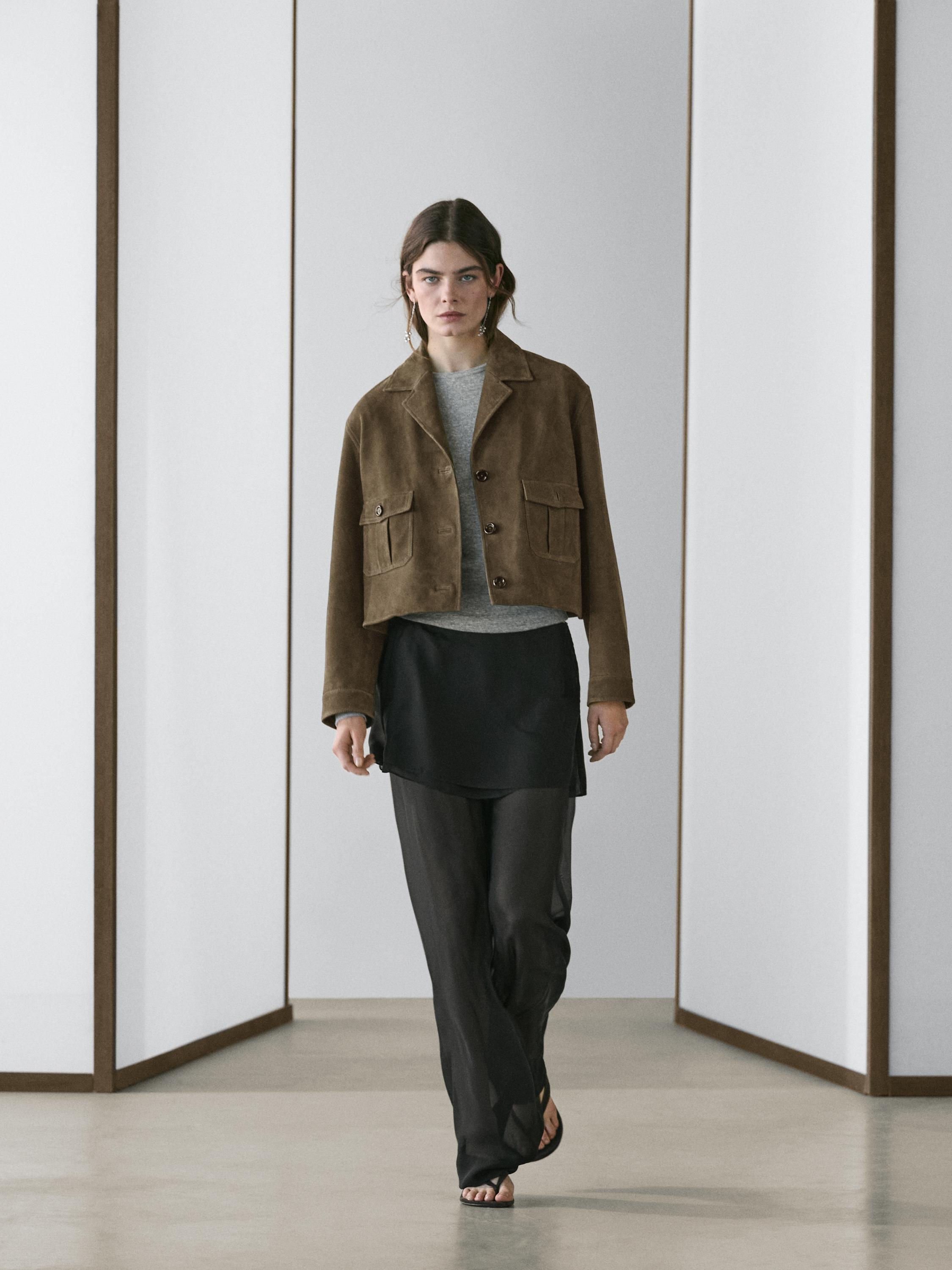 Short suede leather jacket — KHAKI