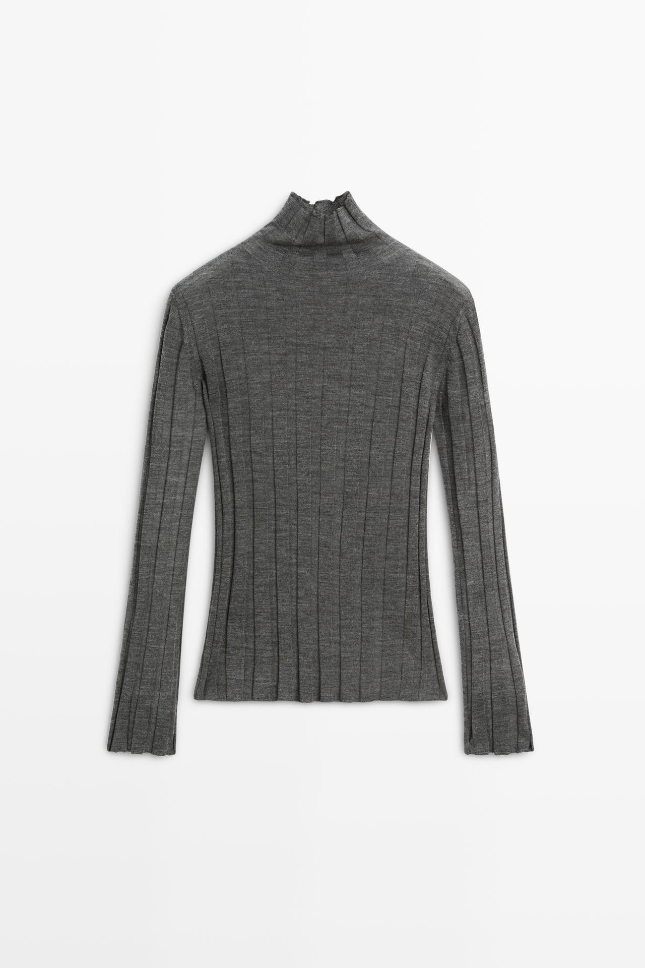 Ribbed high neck knit sweater — MEDIUM GREY