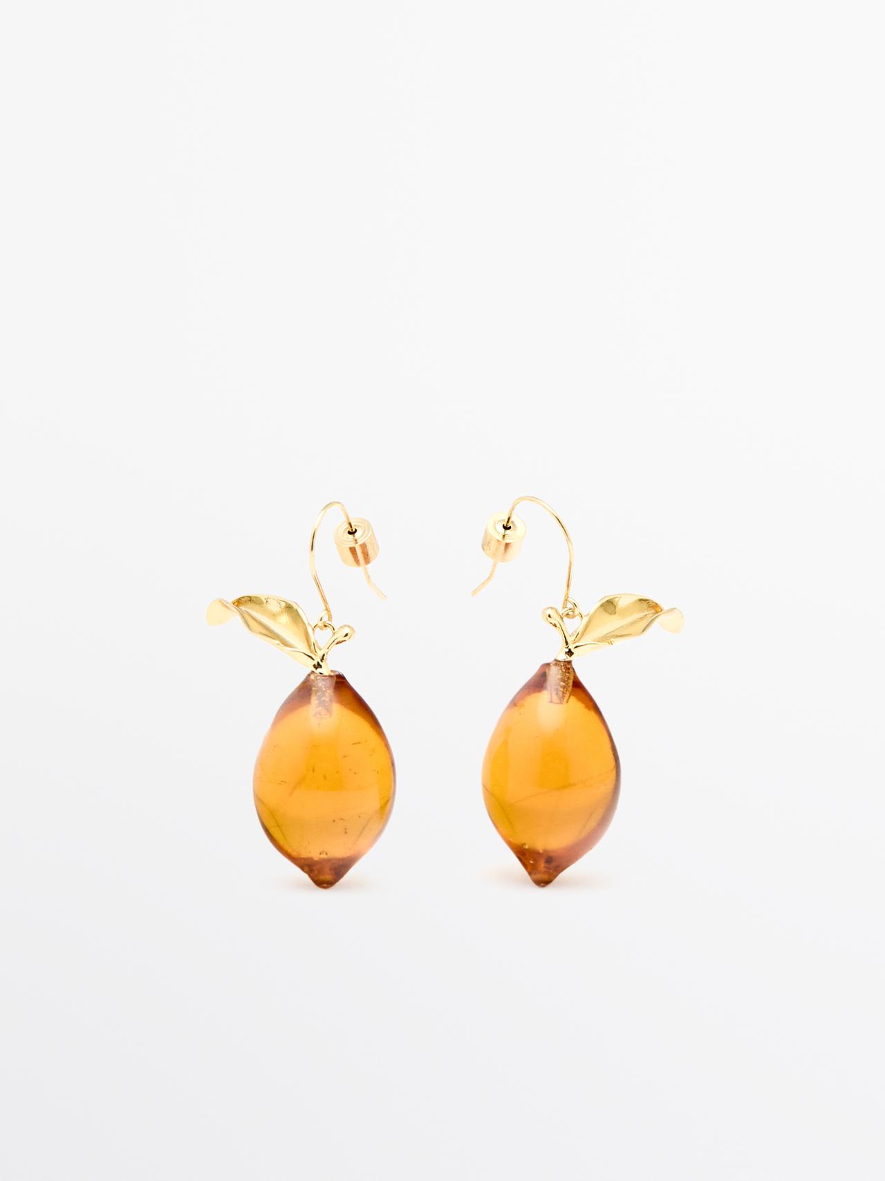 Massimo Dutti - Dame - Mini Øreringe Med Citron I Glas - Guld - 01