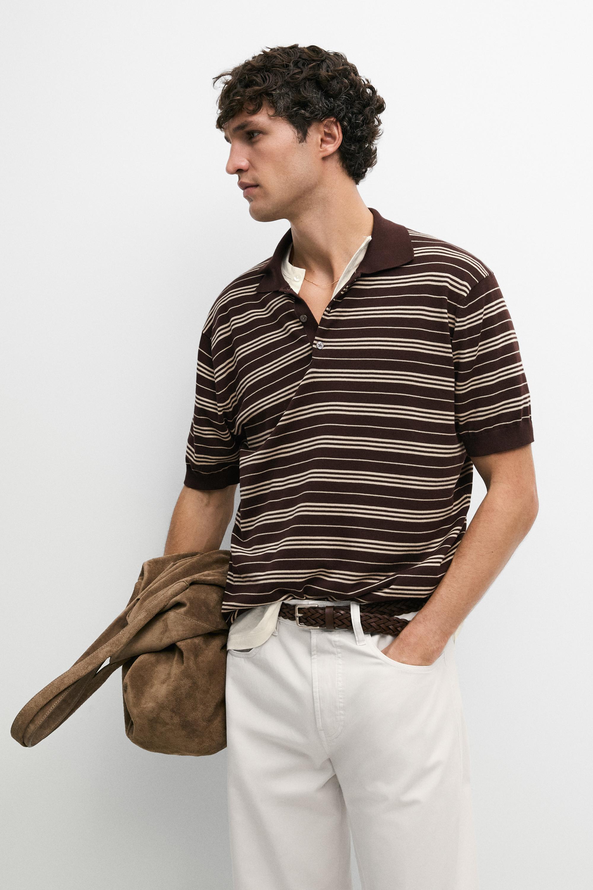 100% Cotton Striped Knit Polo Sweater — BURGUNDY