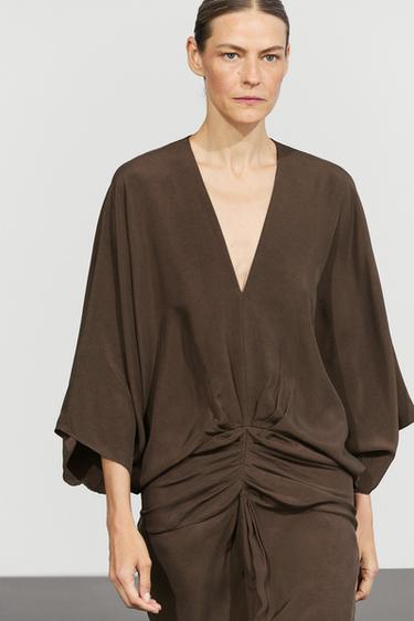 Fluid midi dress with gathered sash — Chocolate 5