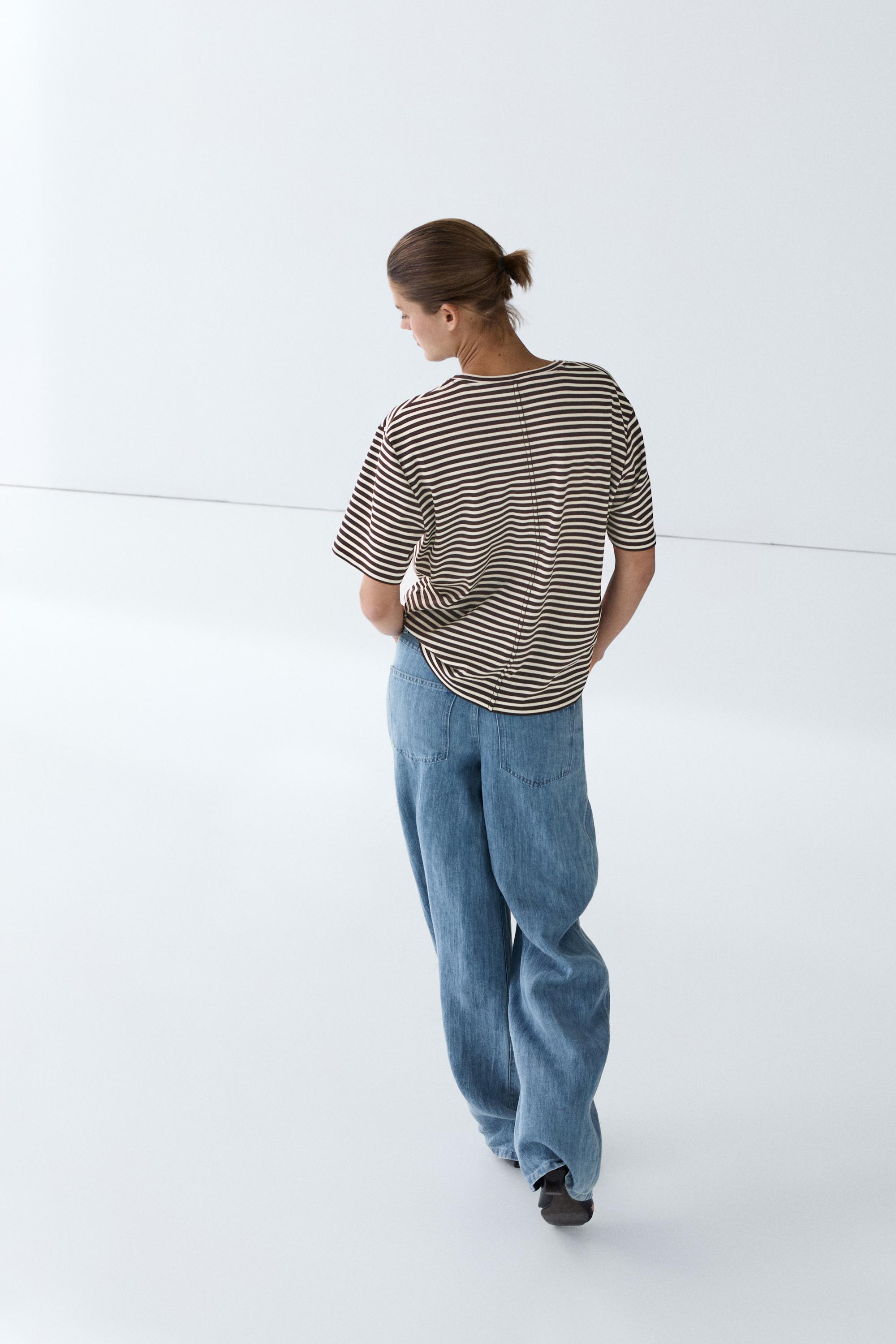 100% cotton striped short sleeve T-shirt — BROWN