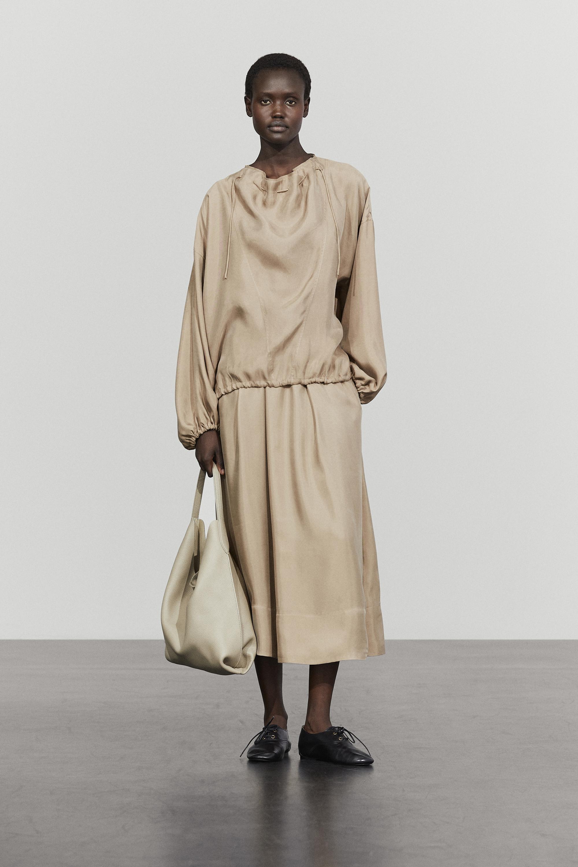 Flowing elastic waist midi skirt — SAND