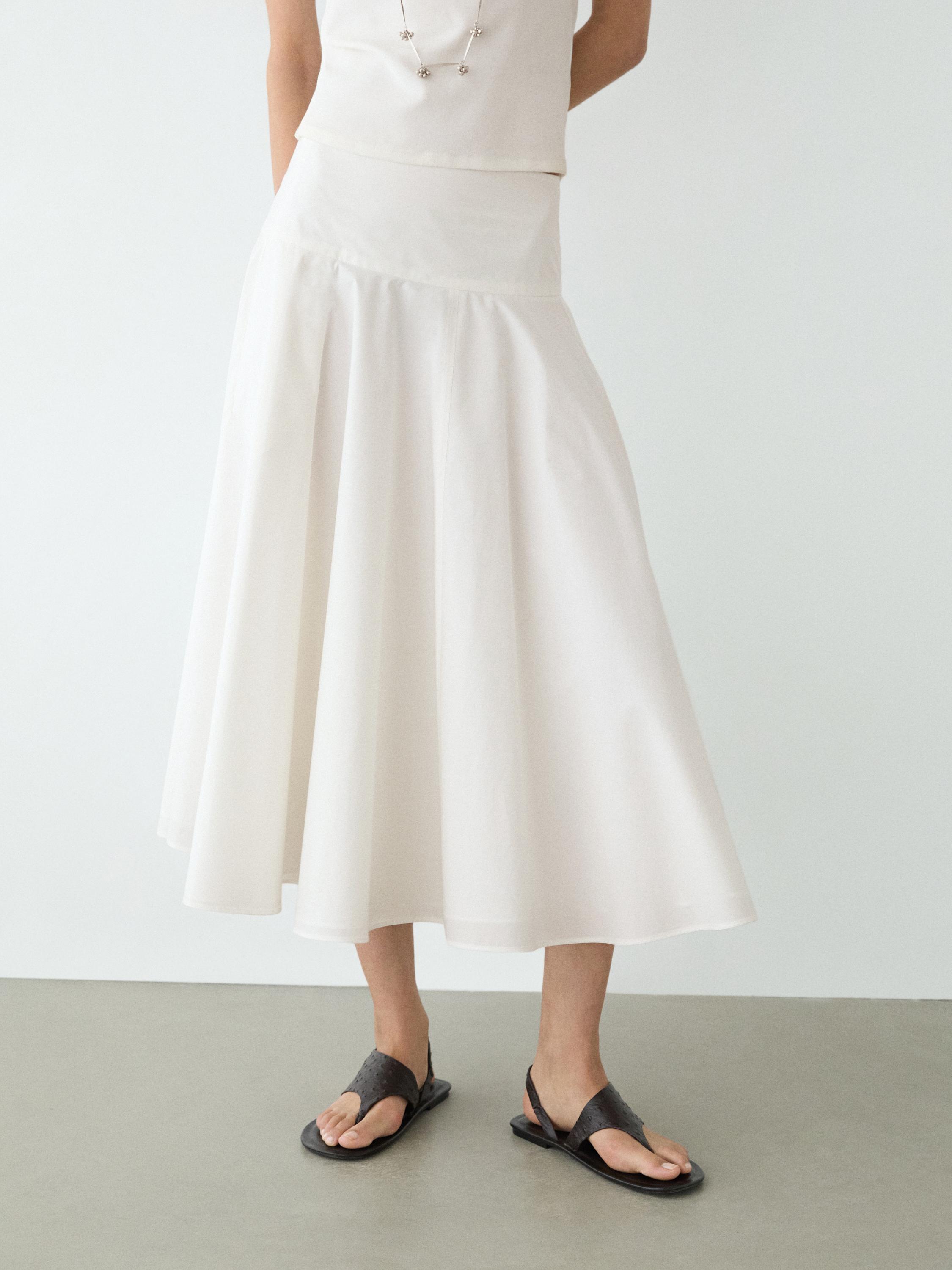 100% cotton midi skirt with yoke detail — WHITE