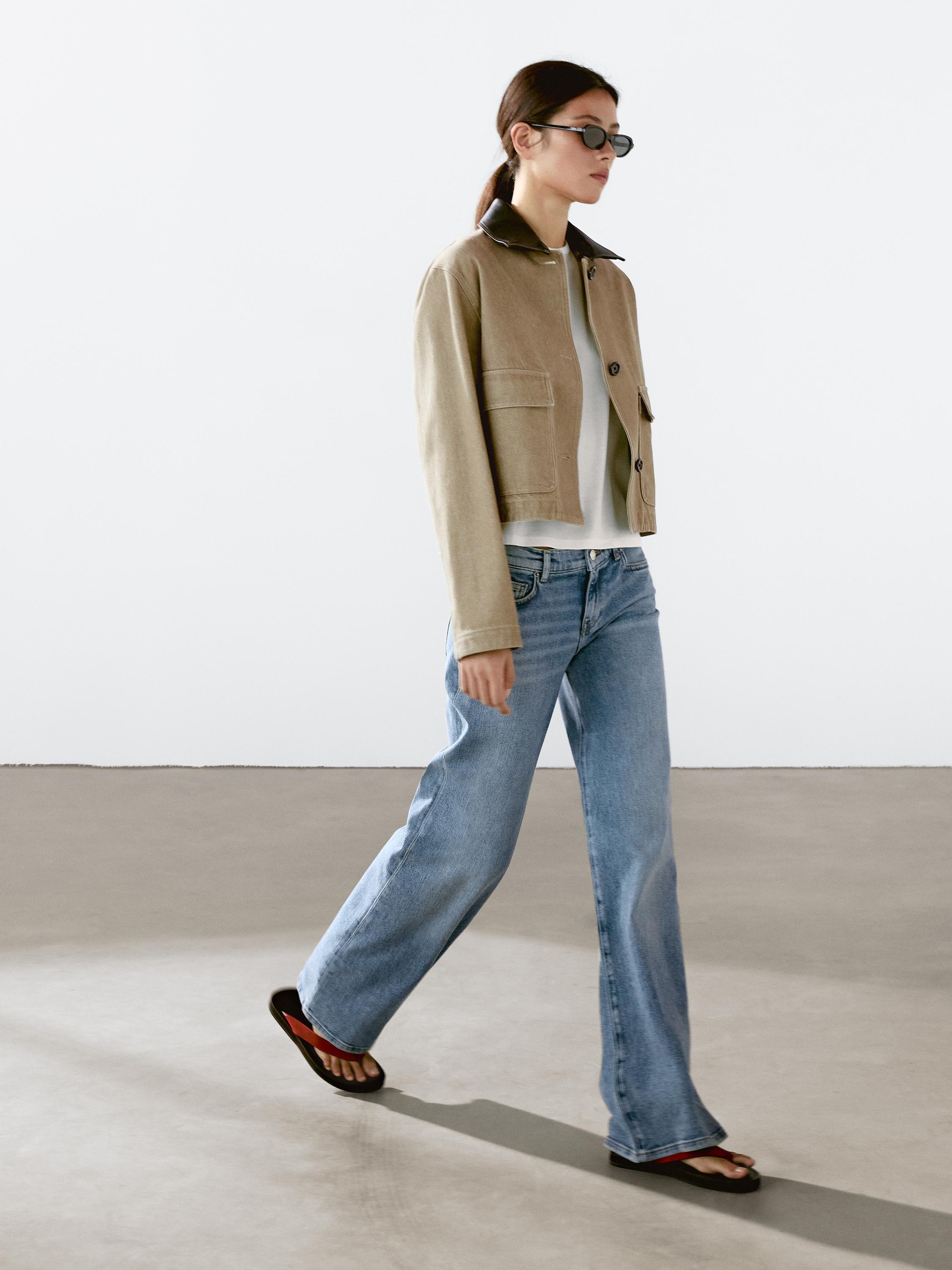 Jacket with detachable leather collar detail