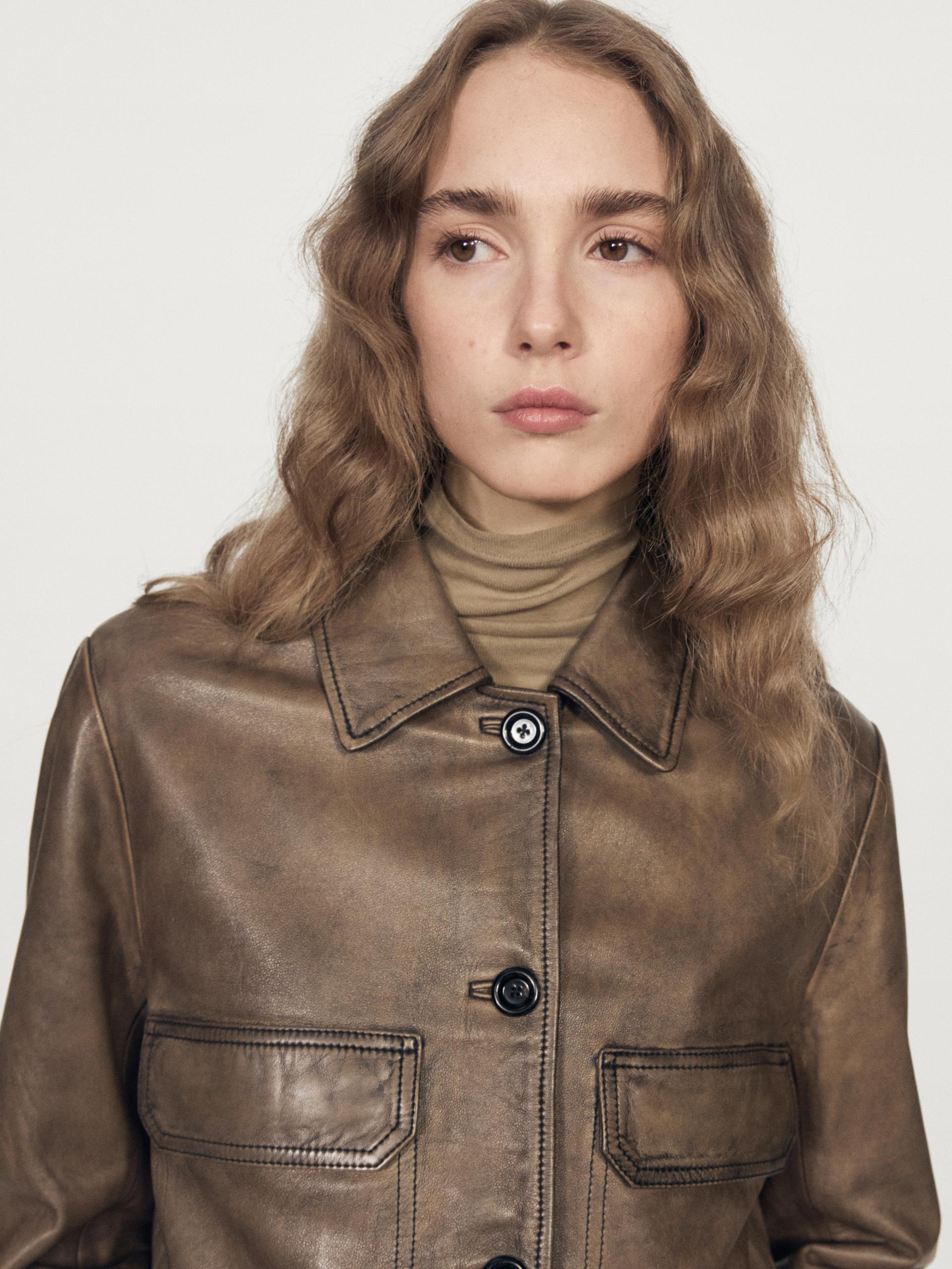 Giacca Con Colletto In Pelle Nappa - Marrone - M - Massimo Dutti - Femminile