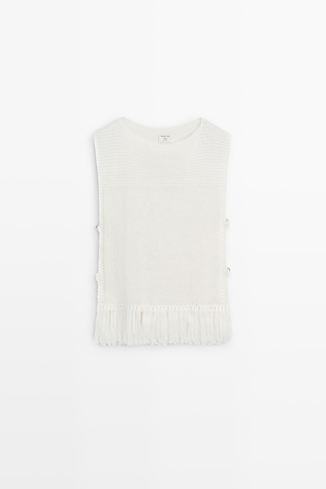 Fringe detail knit top - STUDIO — WHITE