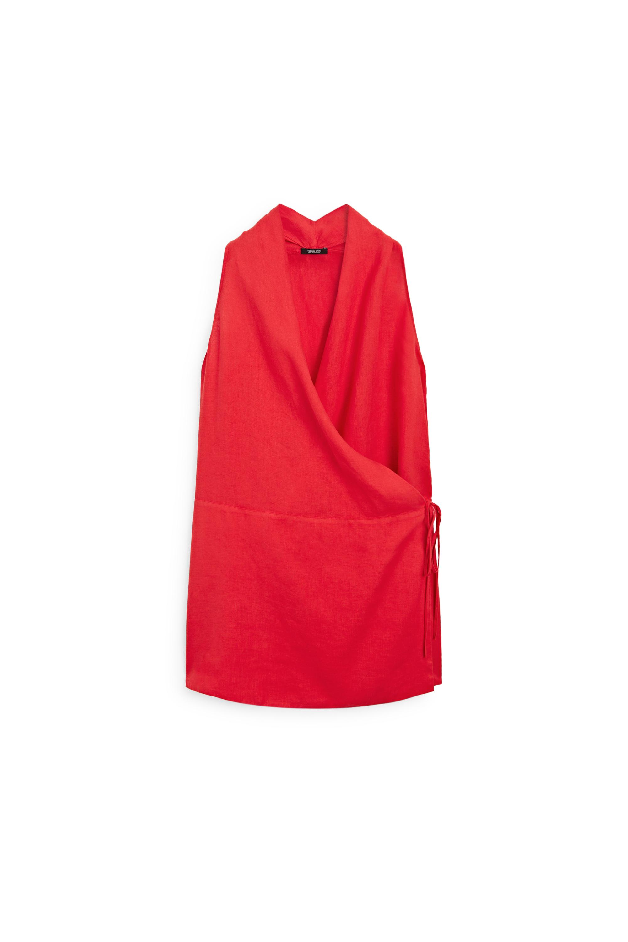 100% linen surplice mini dress — RED