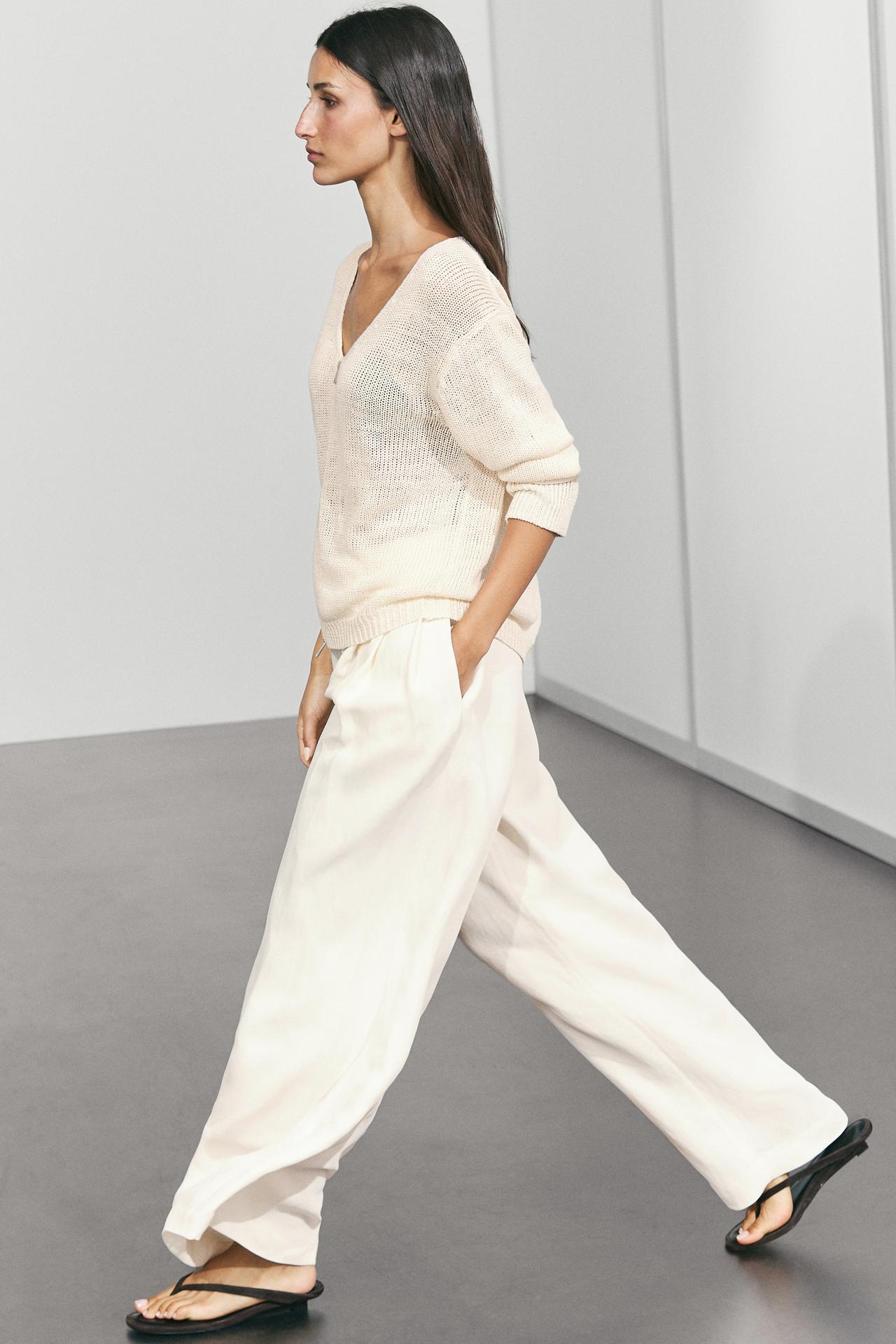 100% linen knit zip-up cardigan — Off white