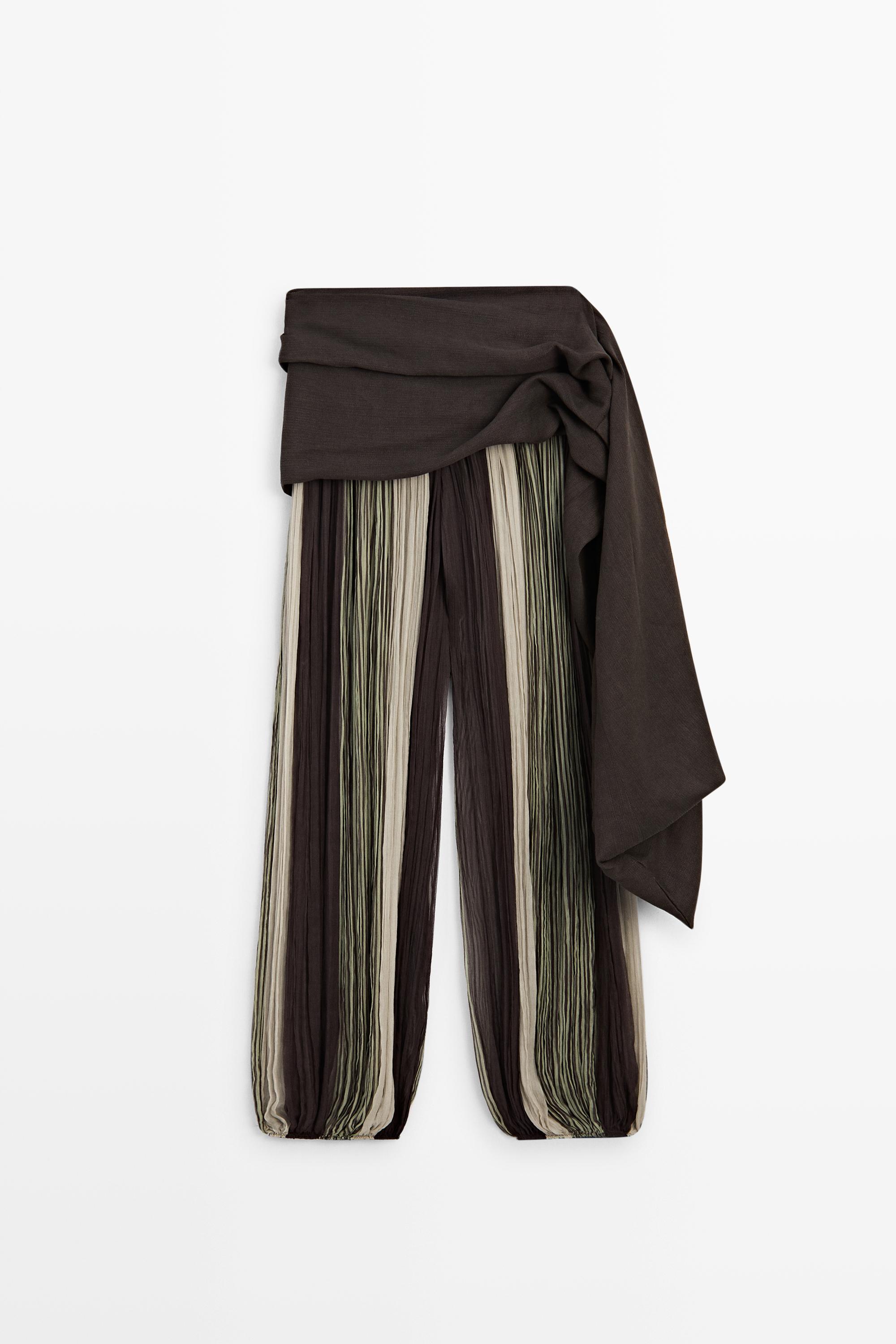 Striped flowing pants with sash detail — KHAKI