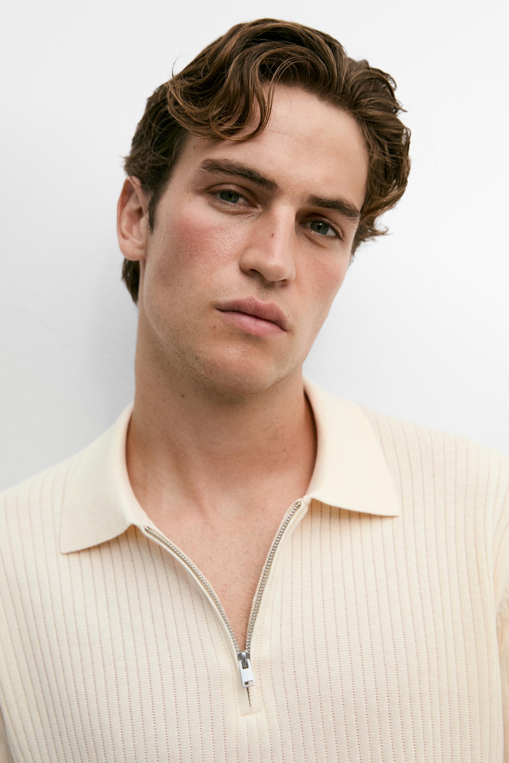 Cotton knit half-zip polo — CREAM