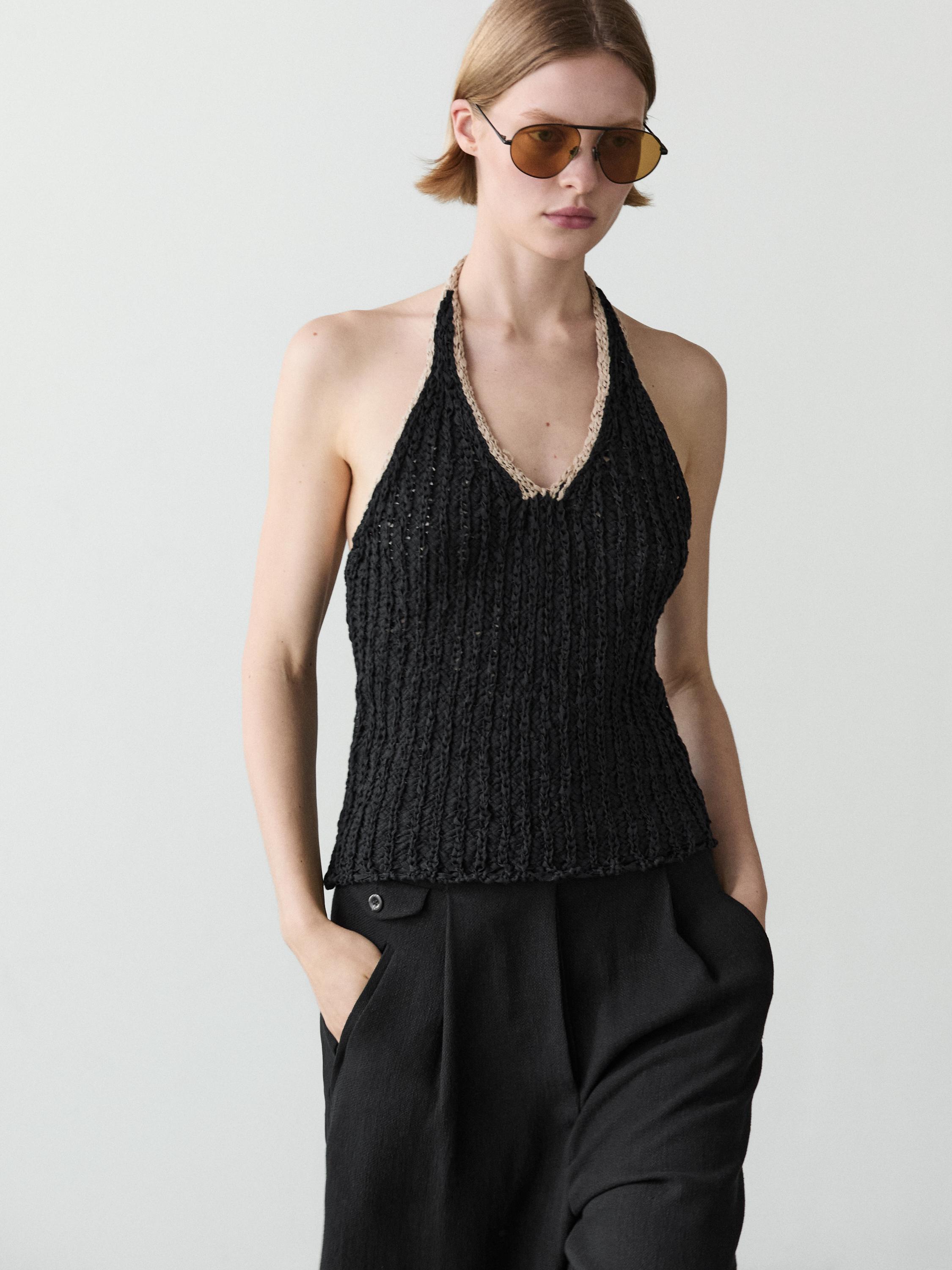 Contrast knit halter top — BLACK
