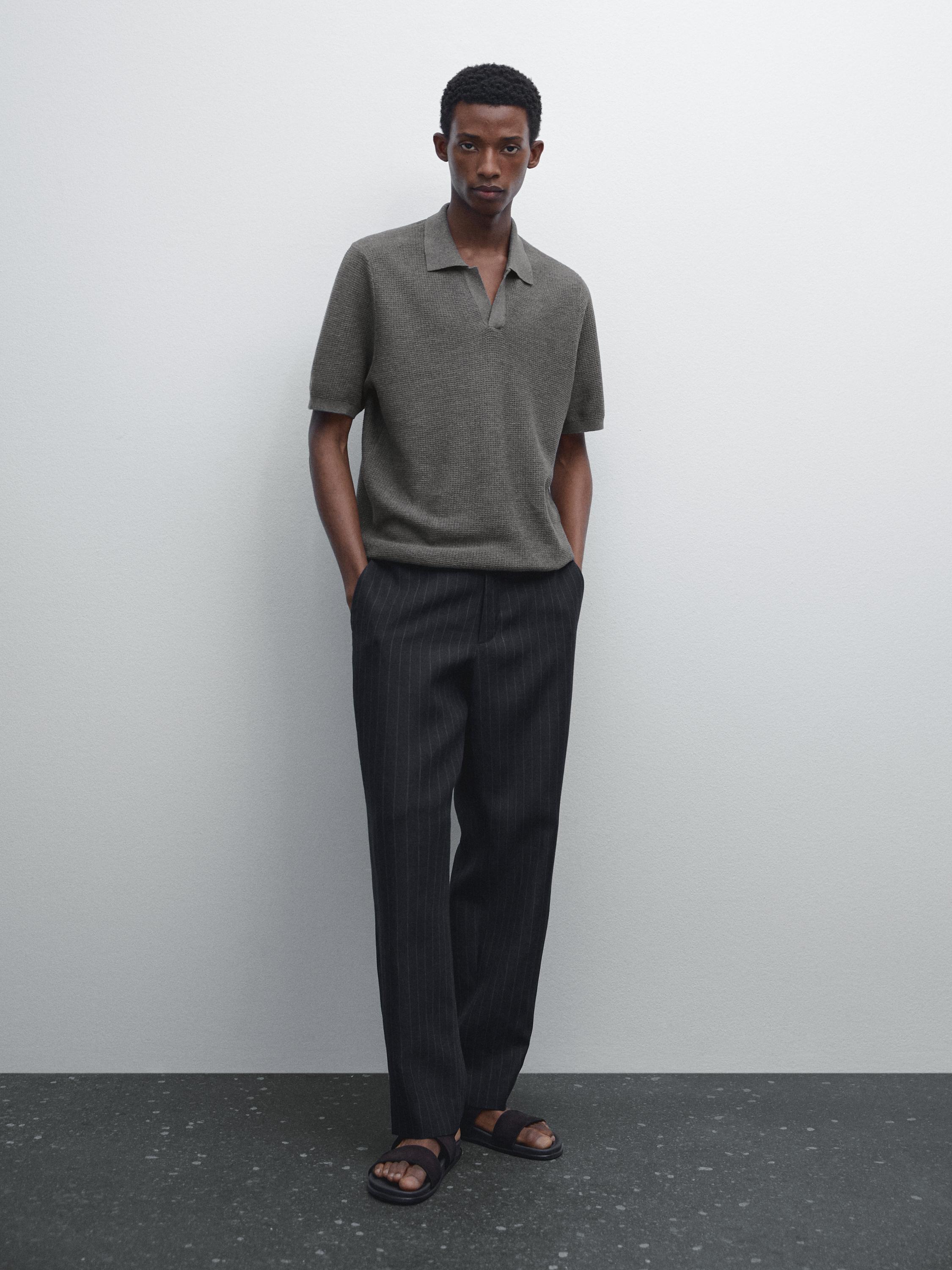 قميص بولو محاك بارز الملمس من الكتان المخلوط