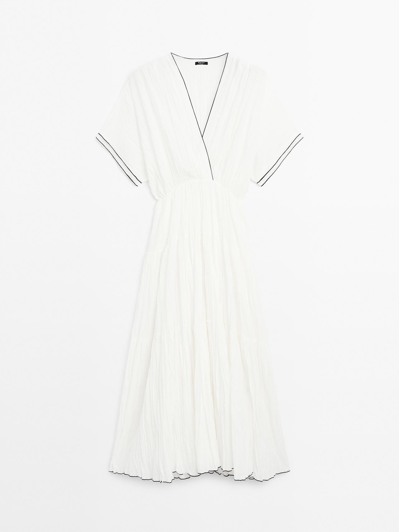 Massimo Dutti - Dame - Lang Kjole Med Kontrast Og Plissering - Hvid - Xs