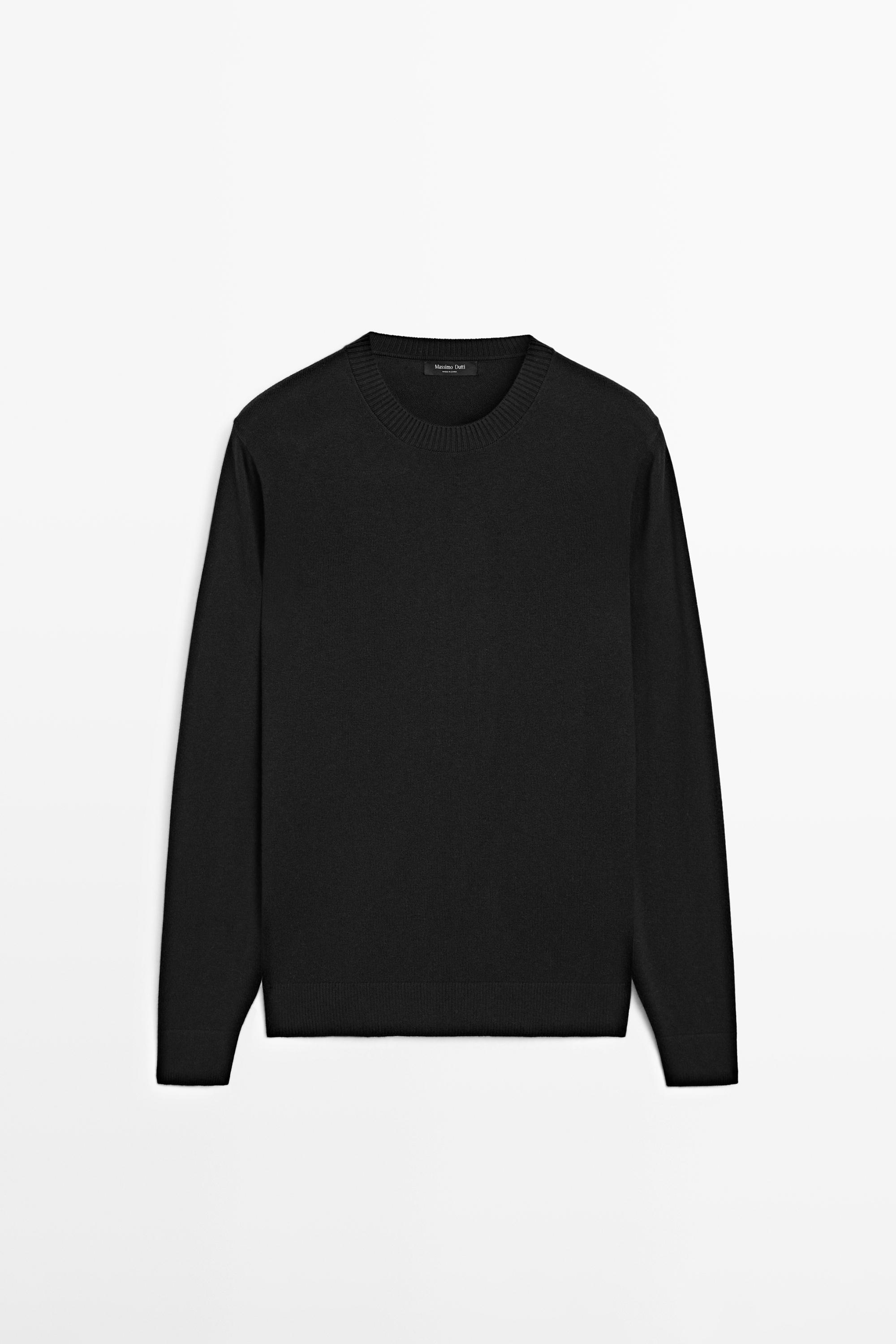 Knit cotton and wool sweater with crew neck — BLACK