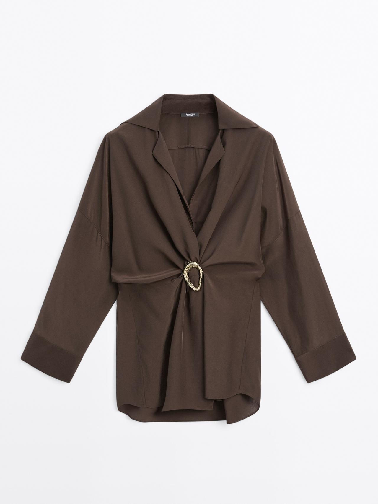 Massimo Dutti - Dame - Lang Skjorte Med Brochedetalje - Brun - Xs-S