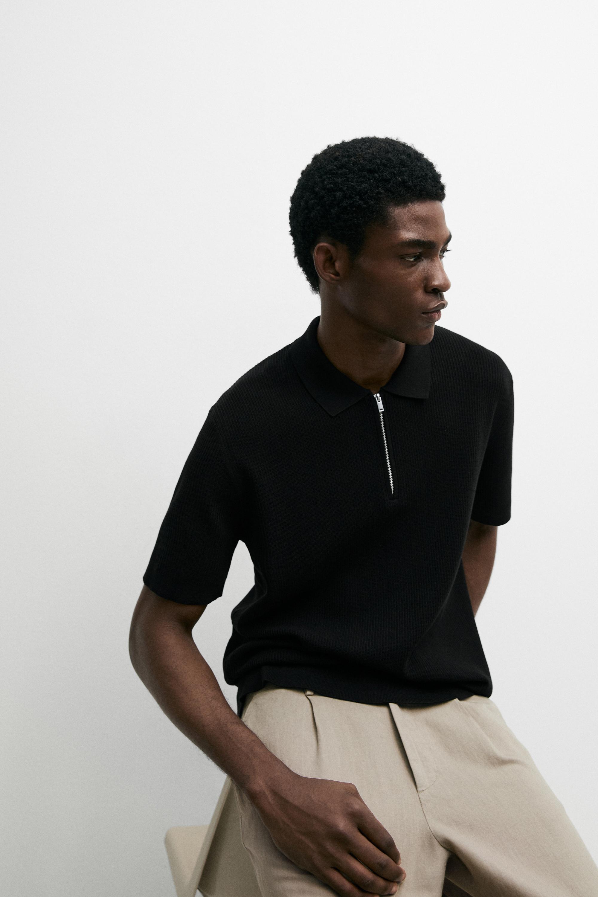 Knit polo sweater with quarter-zip collar — BLACK