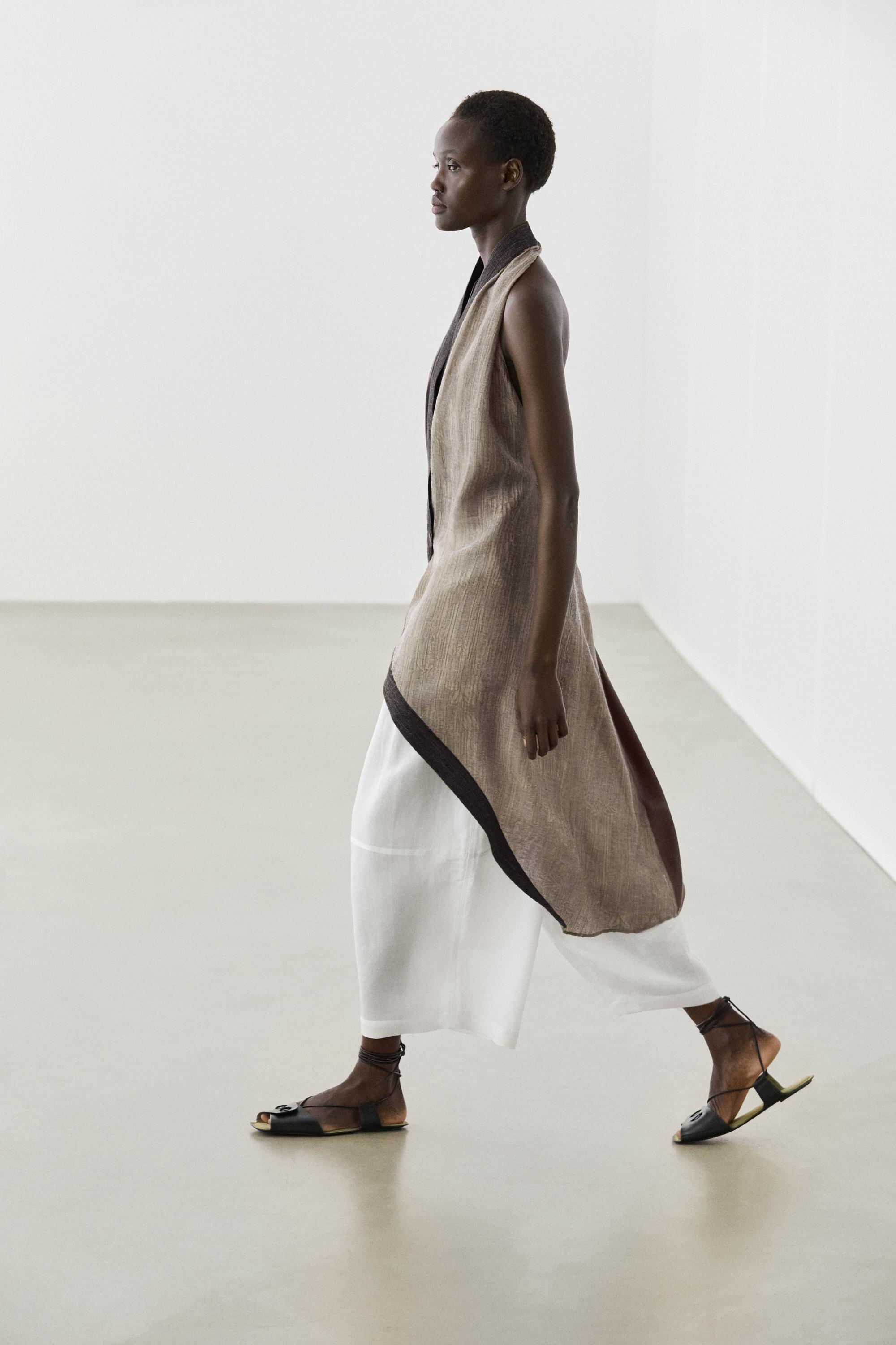 Flowing wrap top with mixed fabric detail — BROWN