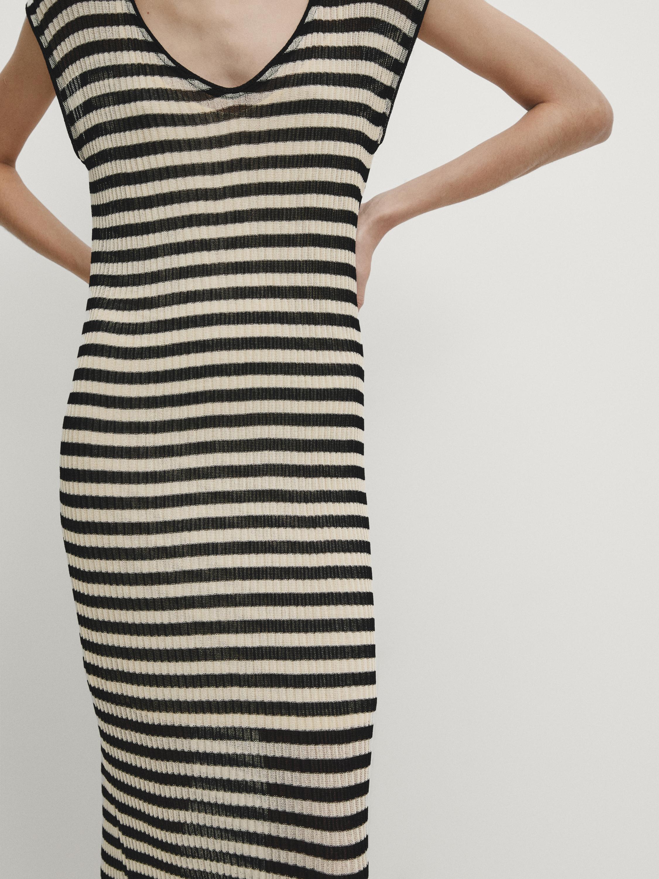 Striped open knit midi dress