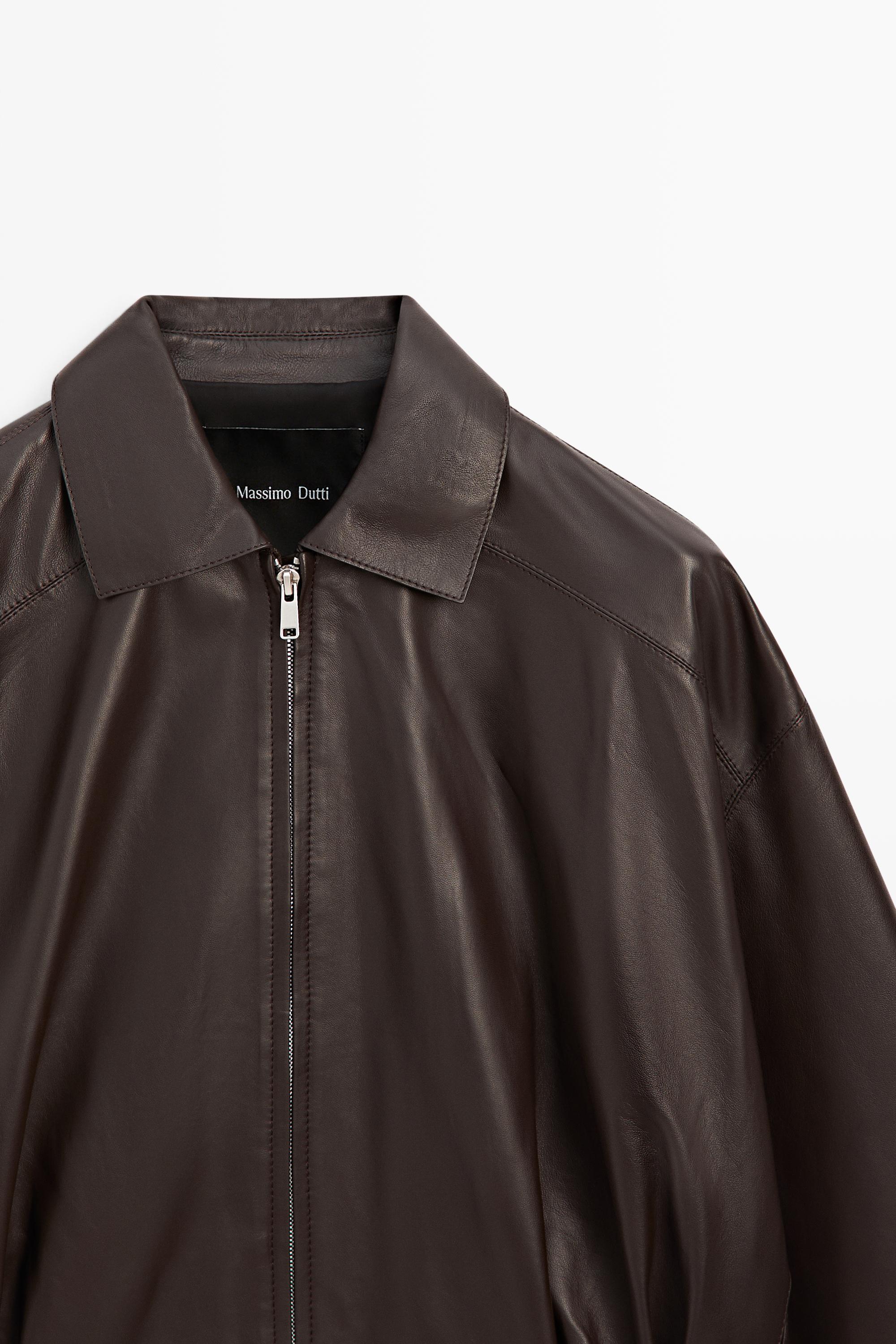 Nappa leather bomber jacket with pleat detail — BROWN