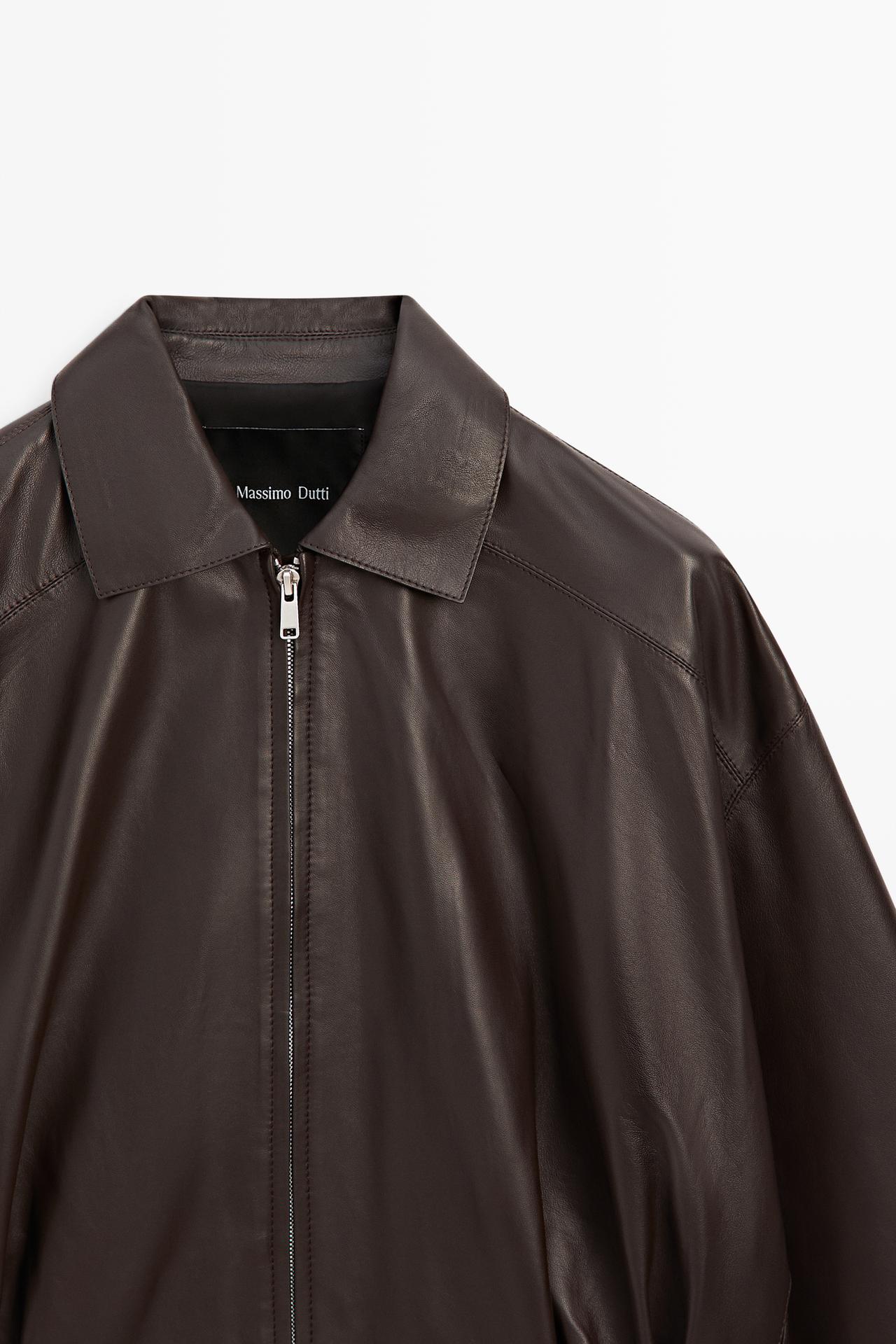 Nappa leather bomber jacket with pleat detail — BROWN