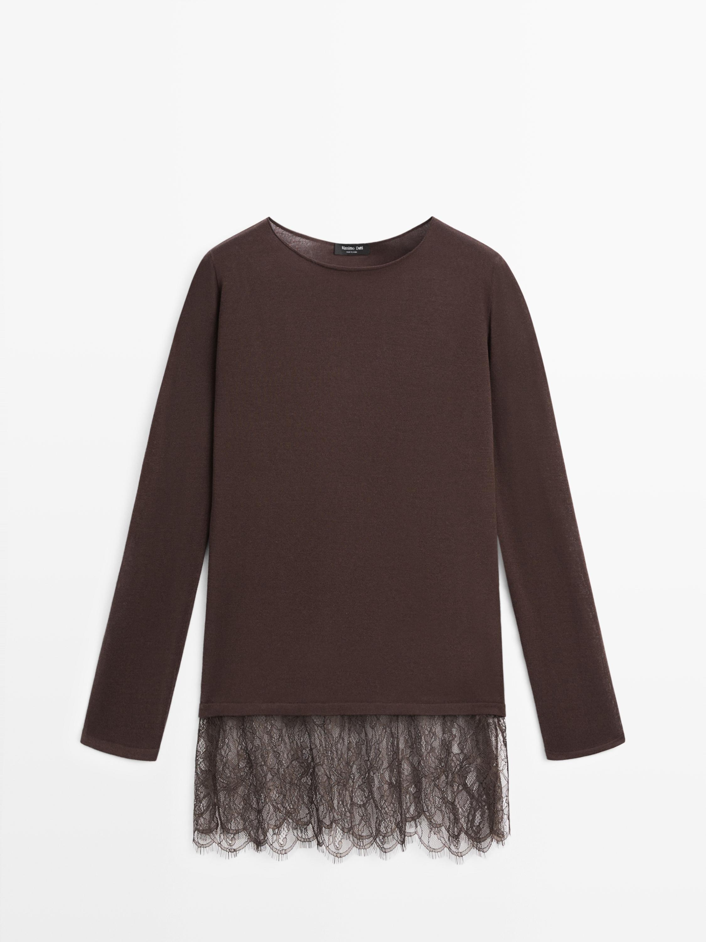Long sleeve T-shirt with lace detail — BROWN