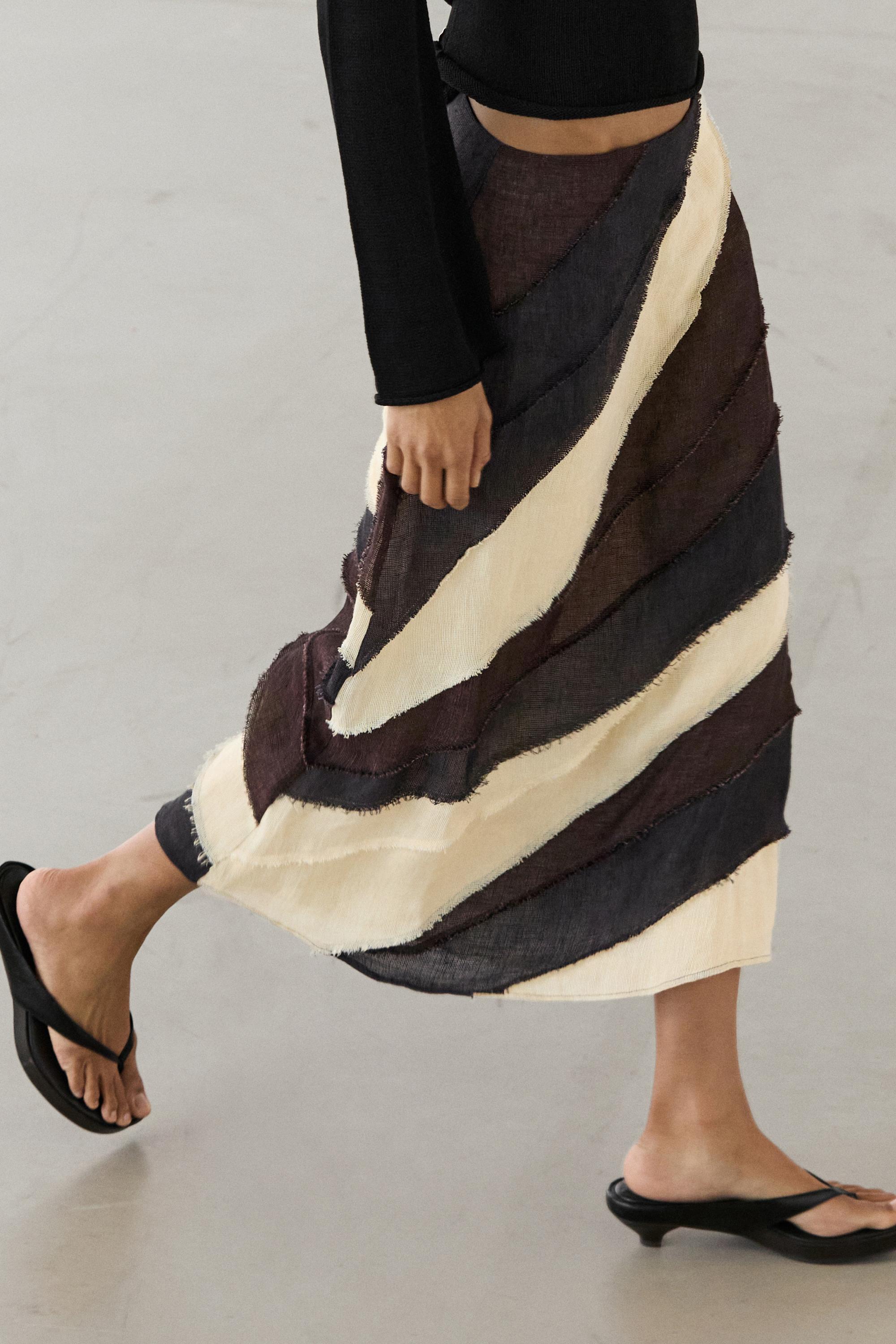 Layered contrast linen midi skirt — BROWN