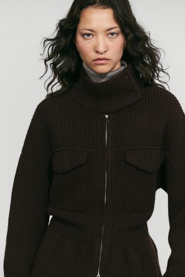 Mixed-Knit Suede Pocket Cardigan — BROWN 5