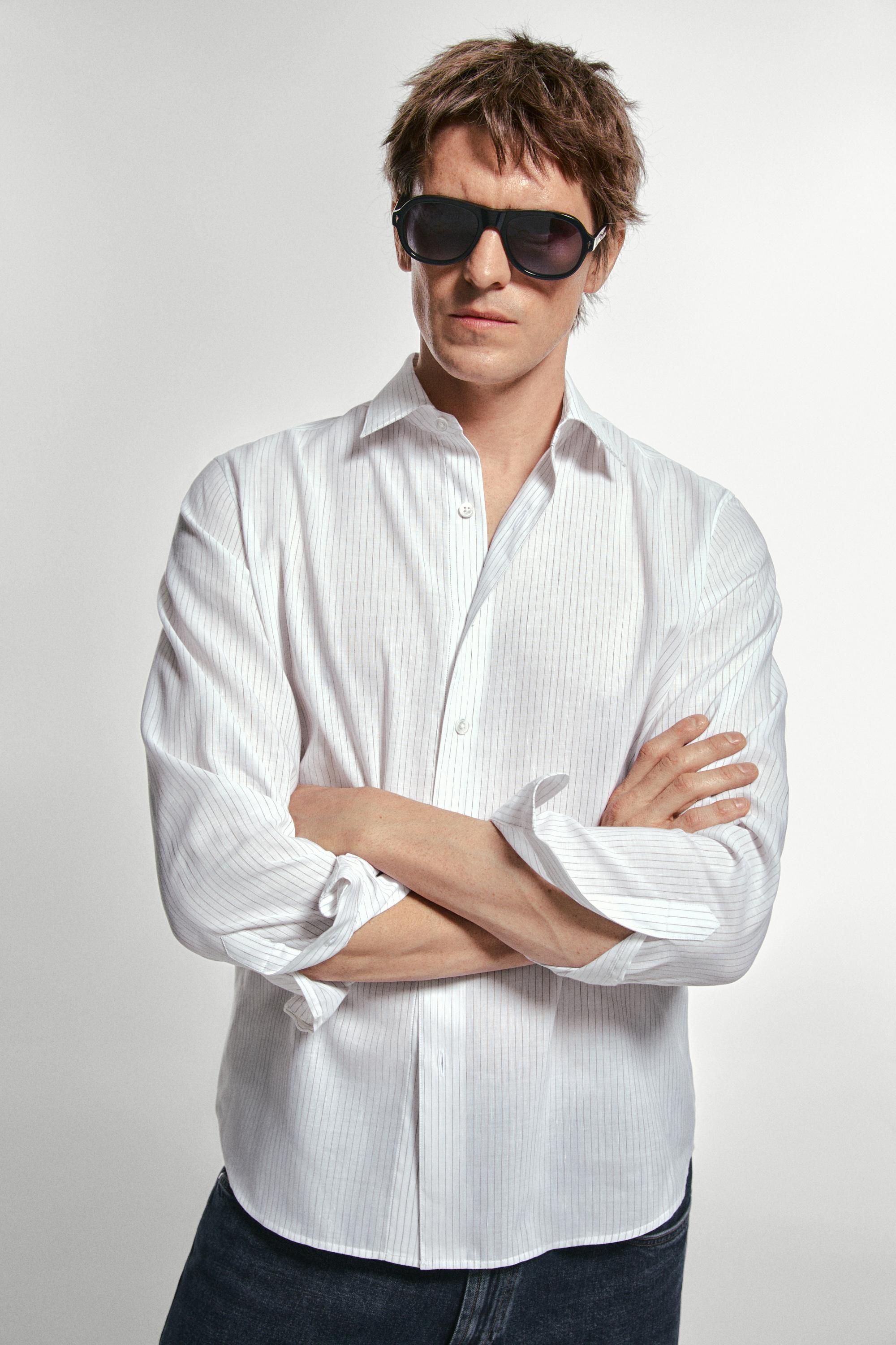 Cotton blend regular fit striped shirt — MUSTARD YELLOW