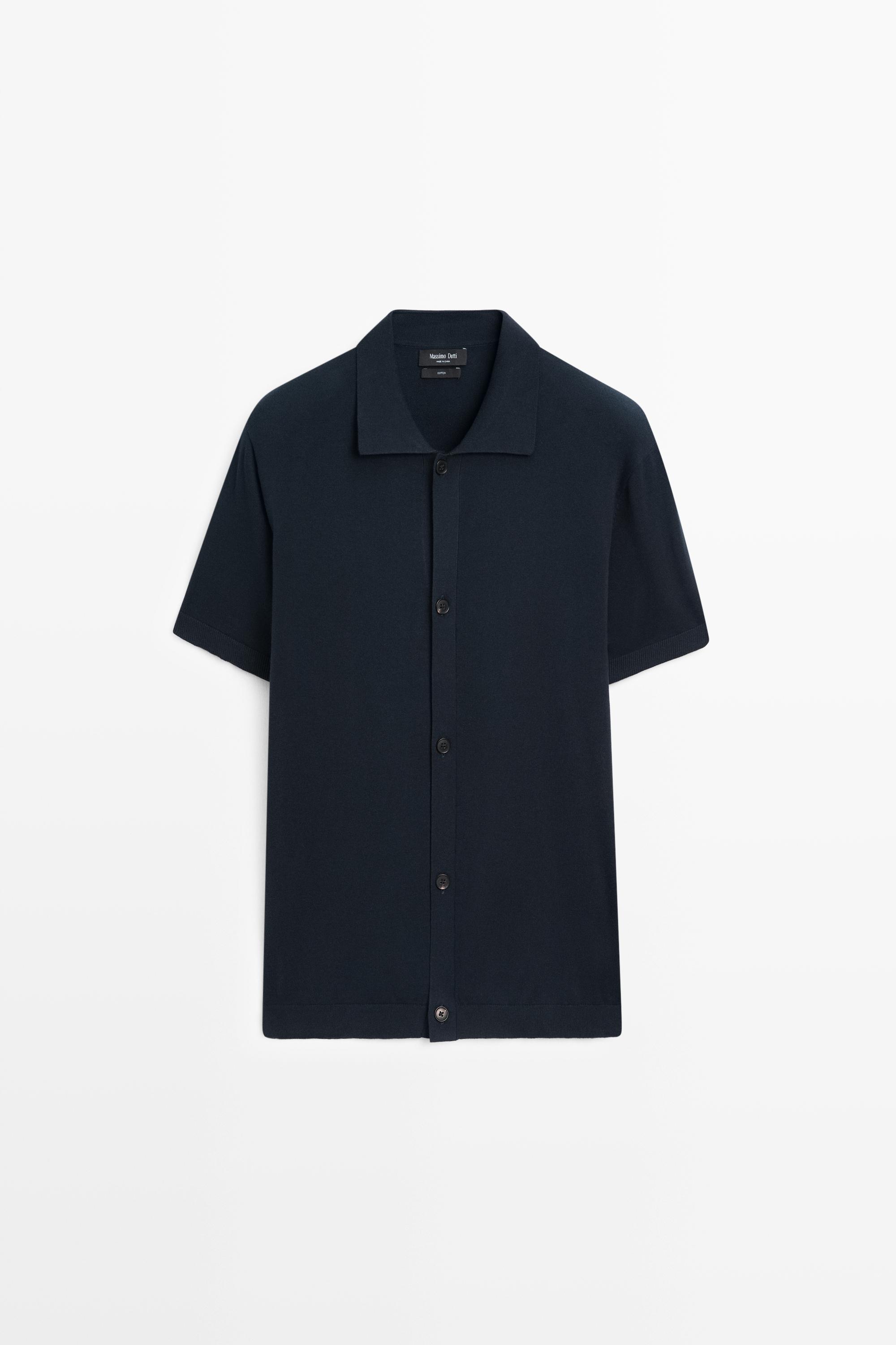 Short sleeve button-up knit cardigan — NAVY BLUE