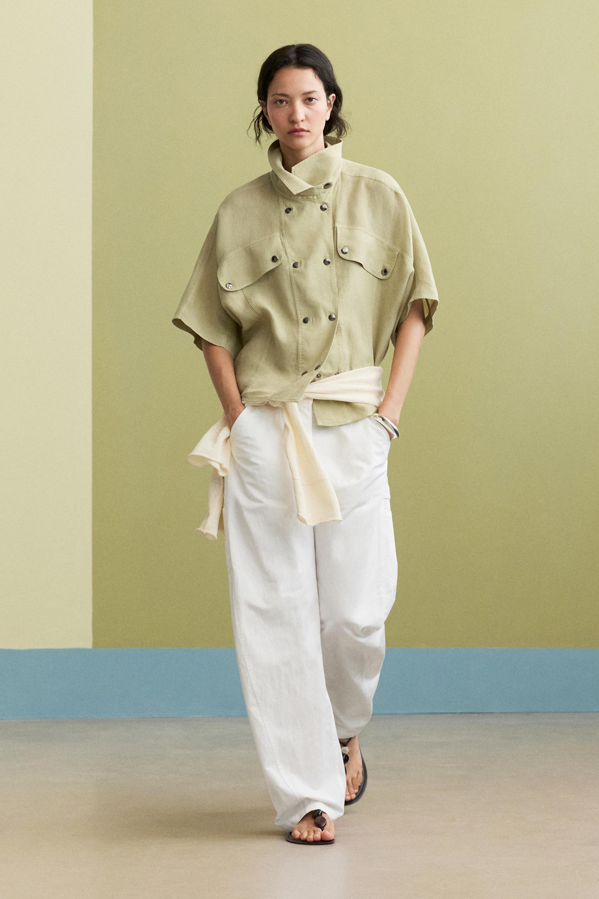 Short sleeve linen snap button shirt — LIME