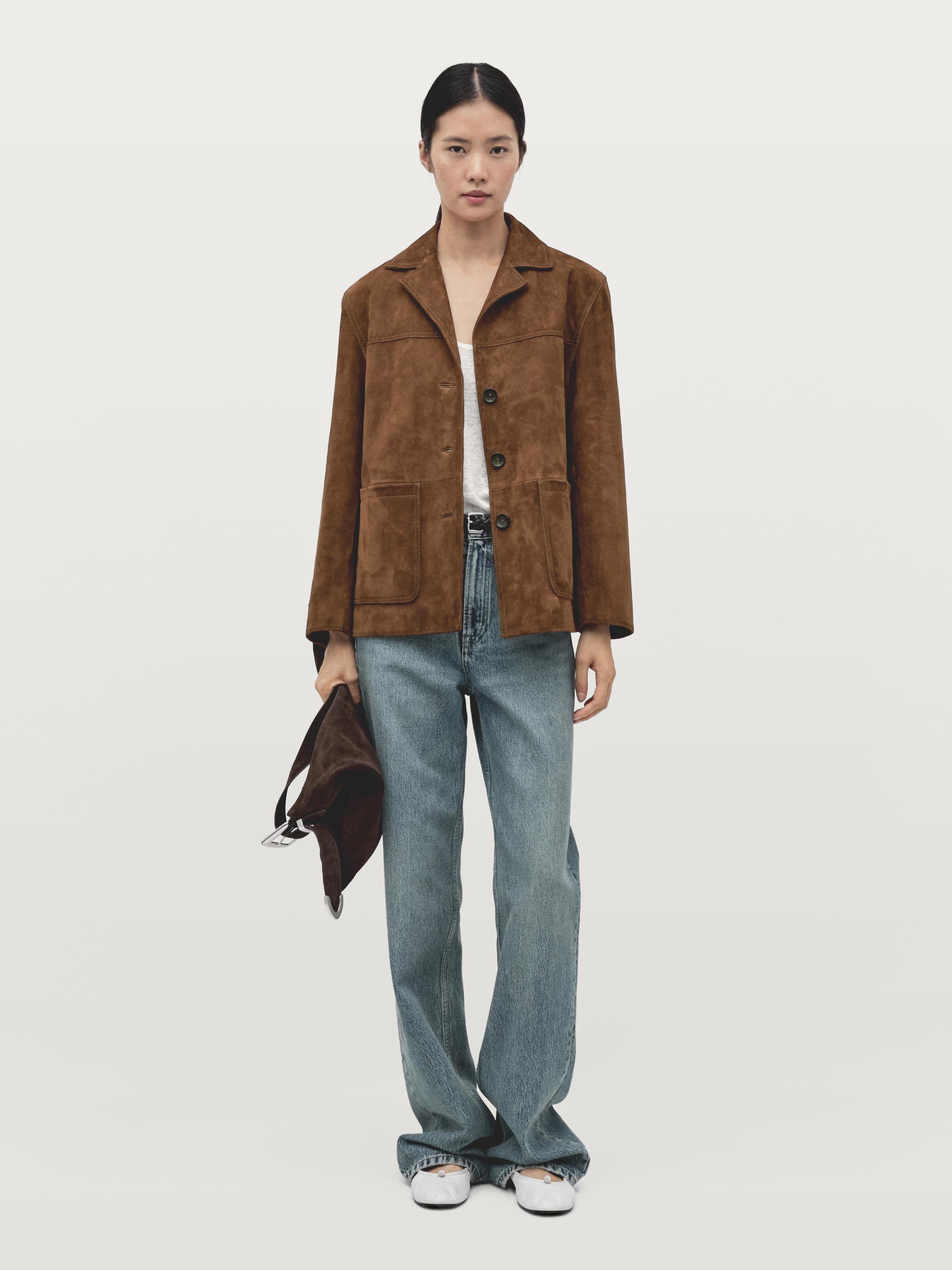 Suede leather blazer with topstitching
