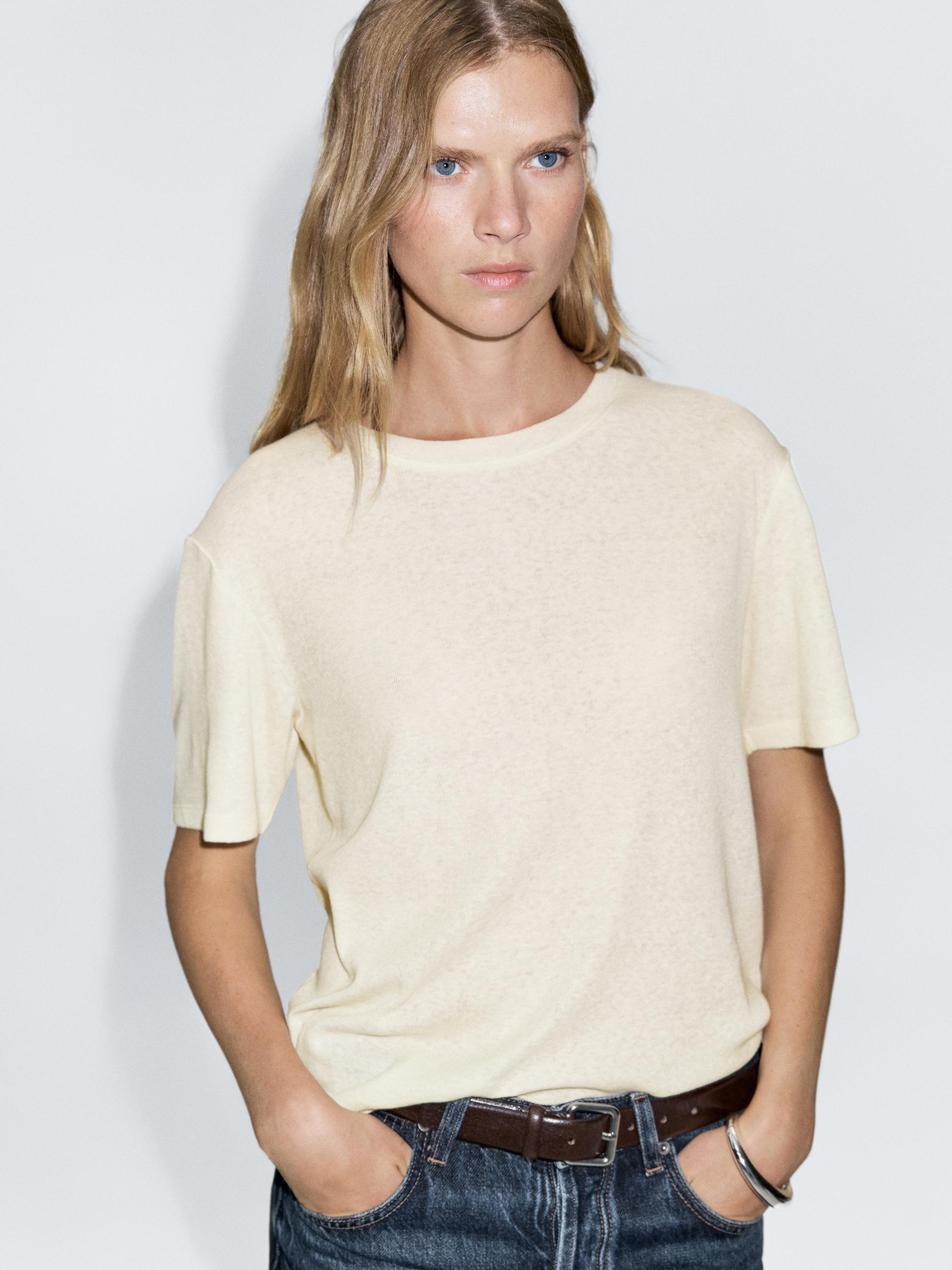 Camiseta Manga Corta Mezcla Algodón - Amarillo Claro - S - Massimo Dutti - Mujer