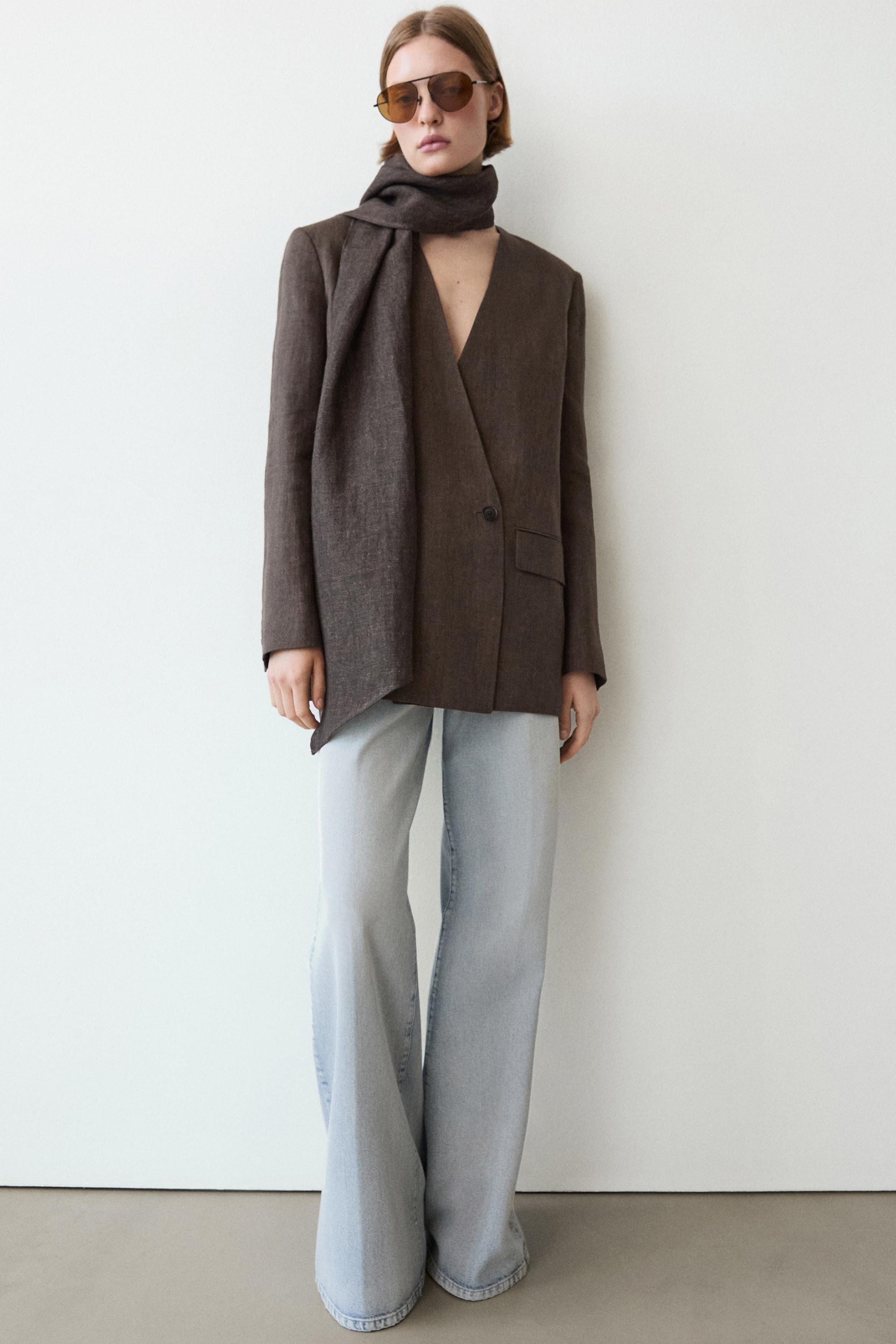 100% linen melange scarf blazer — MOLE BROWN