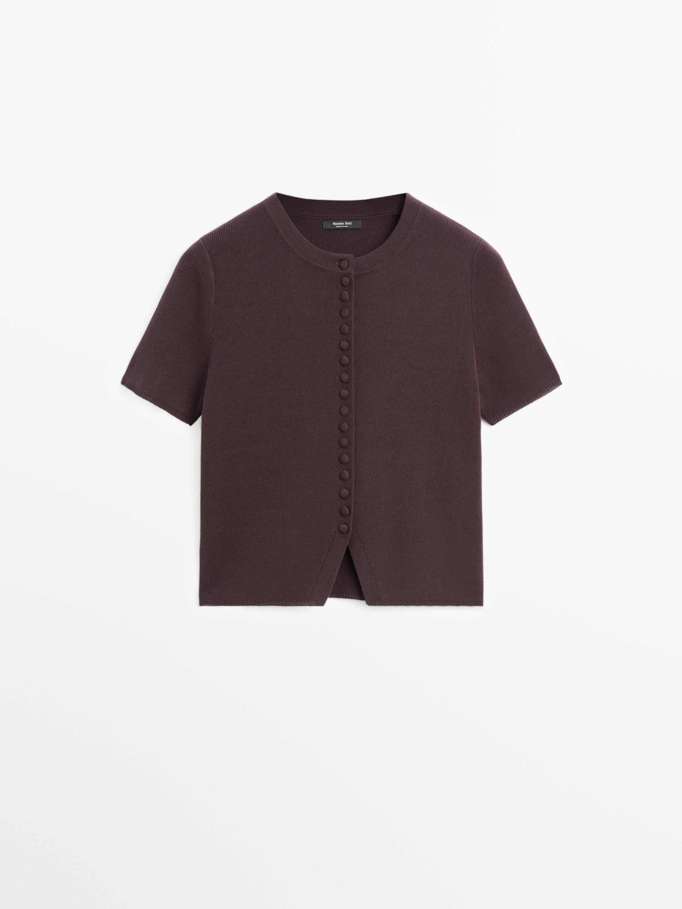 Cotton short sleeve knit cardigan — BROWN
