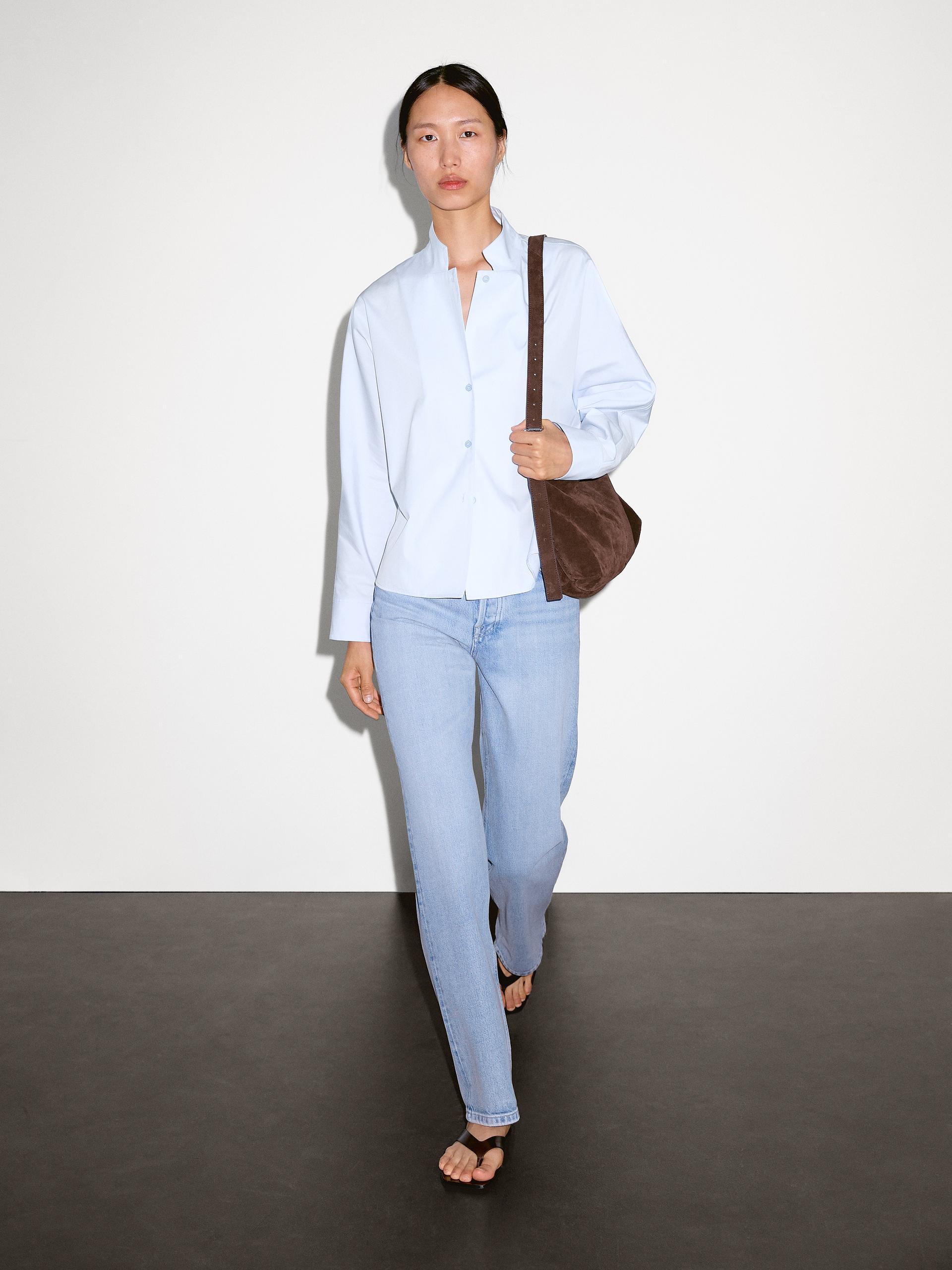Koszula Z Popeliny Ze 100% Bawełny - Błękitny - M - Massimo Dutti - Kobieta