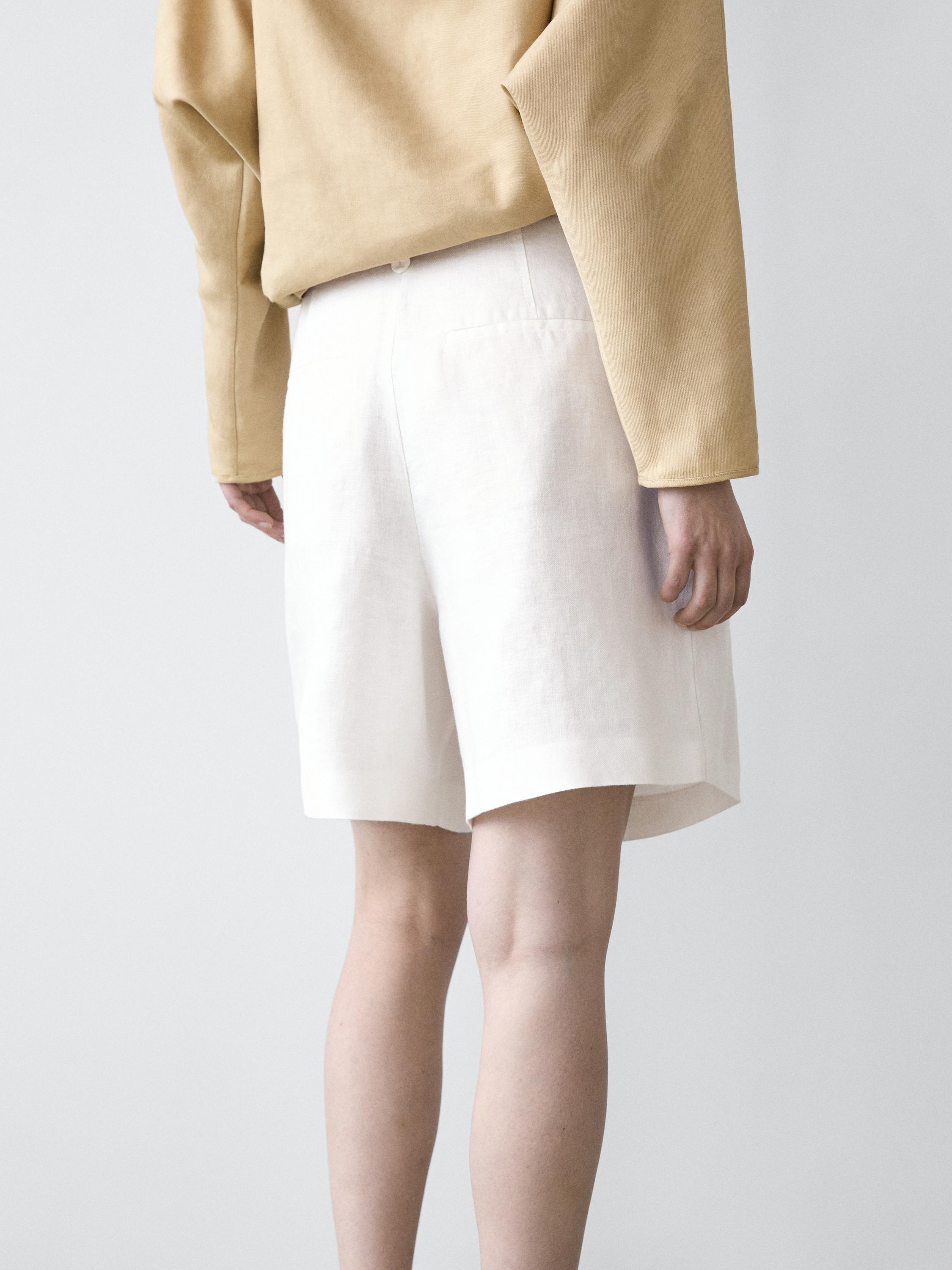 100% linen short pleated Bermuda shorts — WHITE