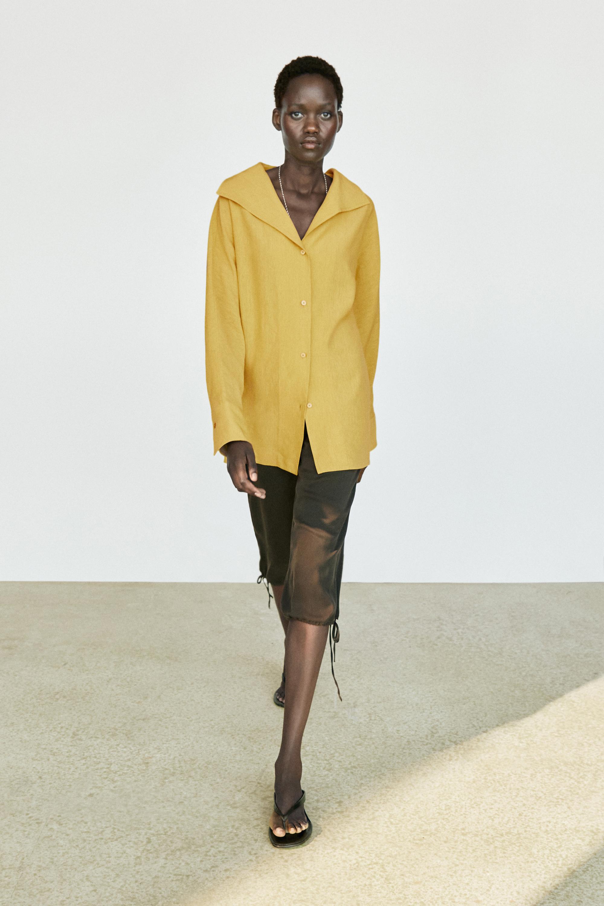 Flowing linen blend shirt with statement collar — MUSTARD YELLOW