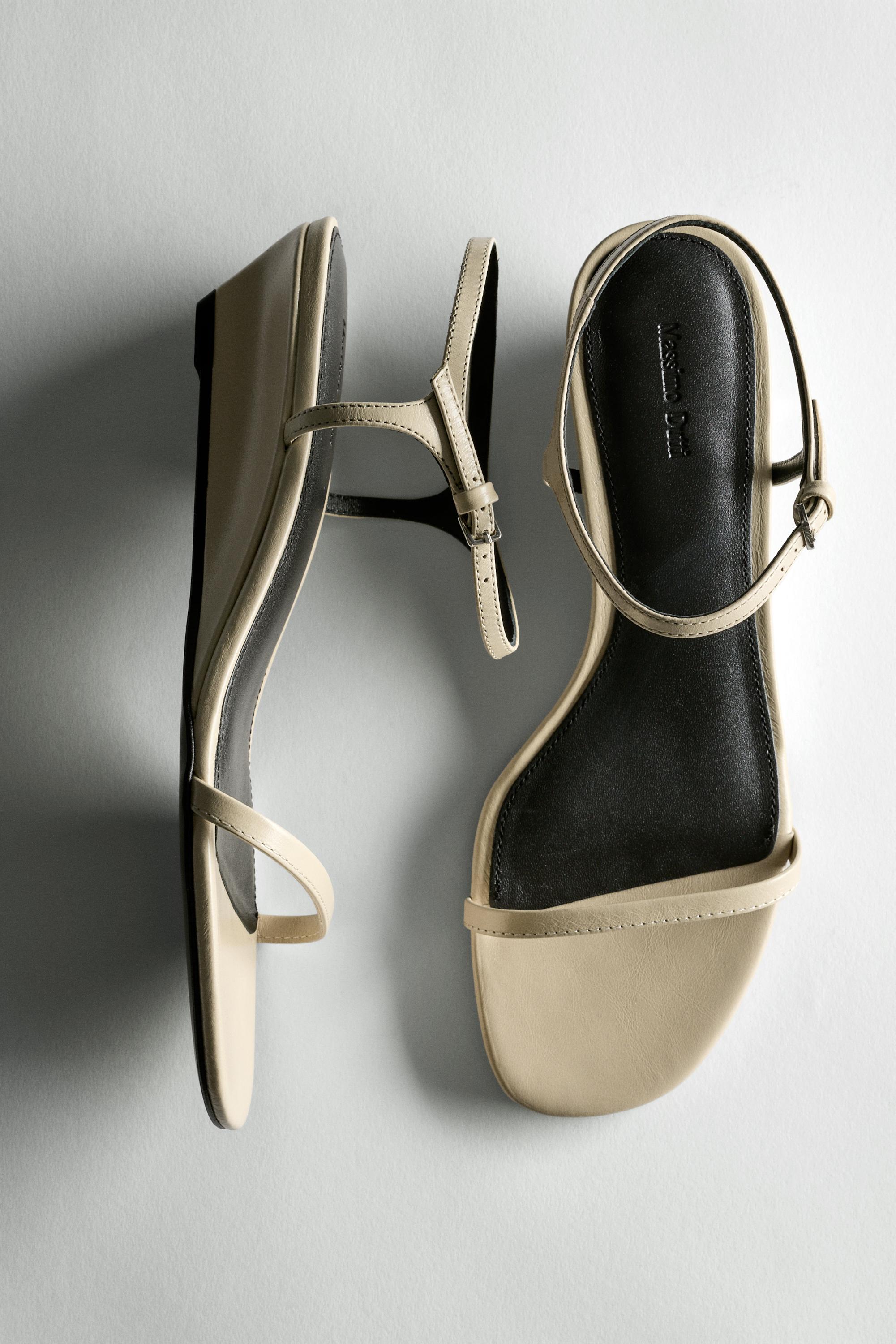 Strappy leather mid-wedge sandals — Vanilla