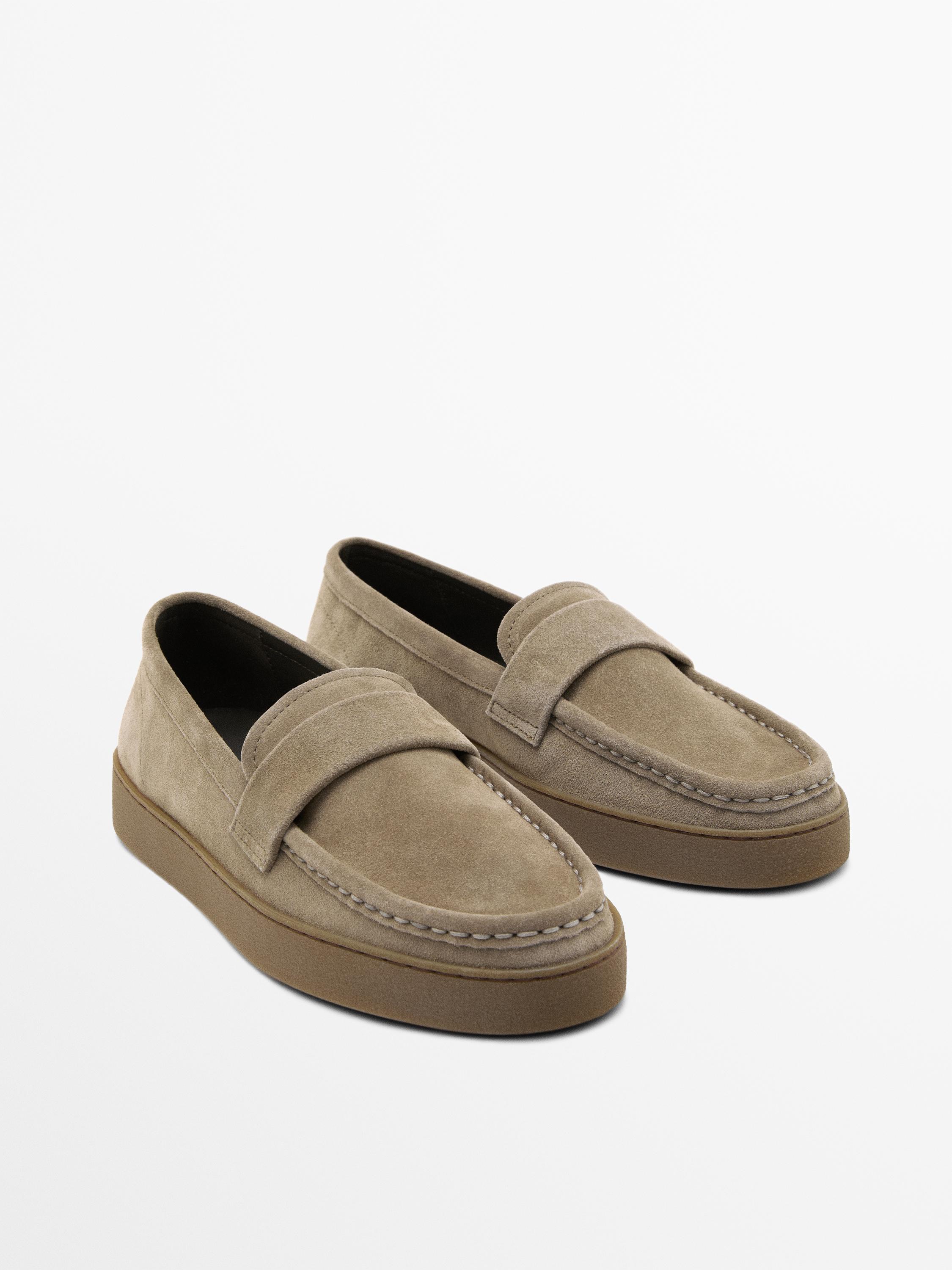 Split leather loafers with caramel sole — SAND