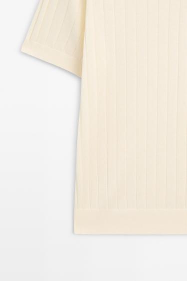 Ribbed knit cotton blend polo shirt — CREAM 7