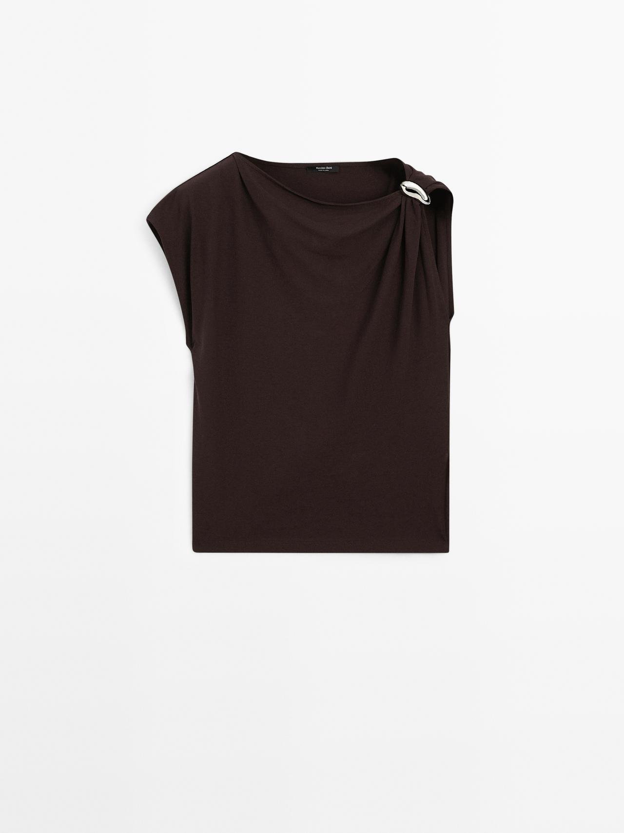 Massimo Dutti - Dame - Draperet Halsudskæring Med Brochedetalje - Brun - S