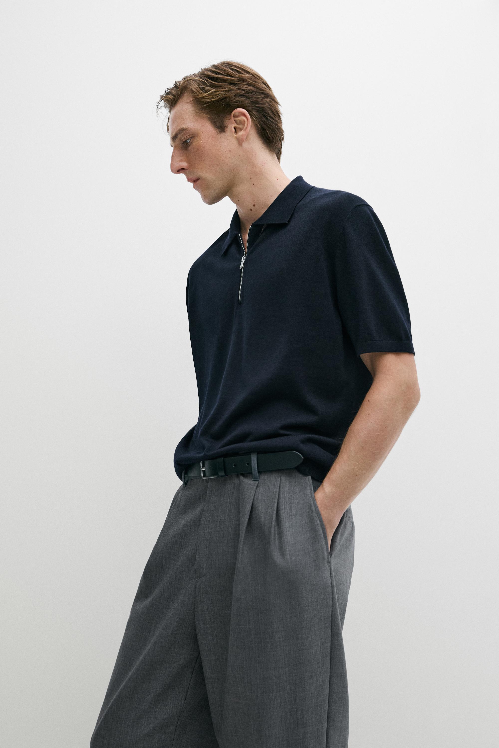 Wool blend zip-detail polo shirt — NAVY BLUE