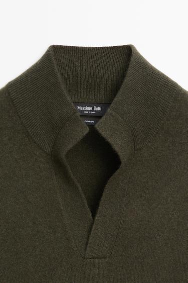 100% cashmere mock V-neck knit sweater — DARK GREEN 9