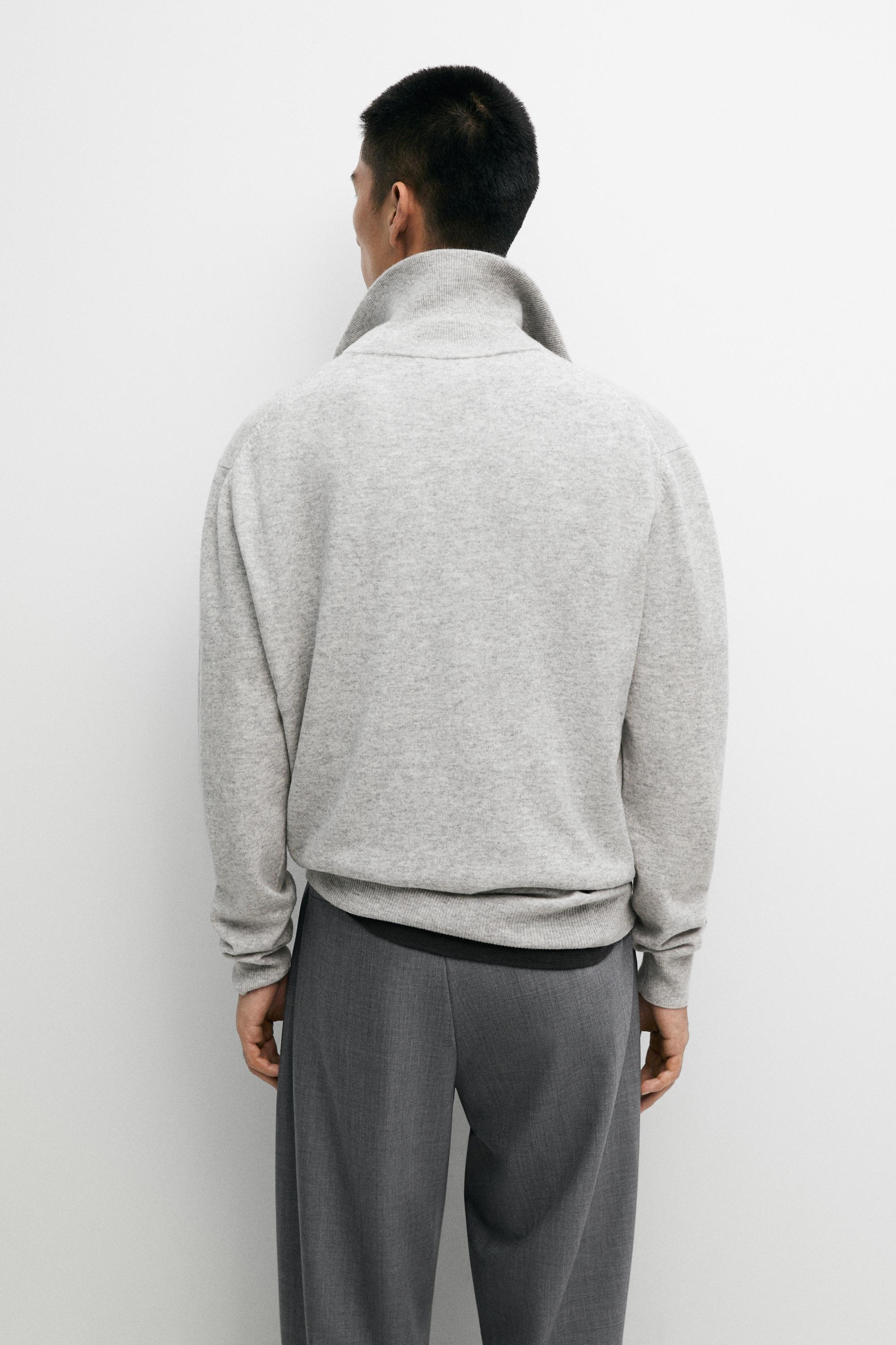 Mock neck zip-up knit sweater — GREY MARL