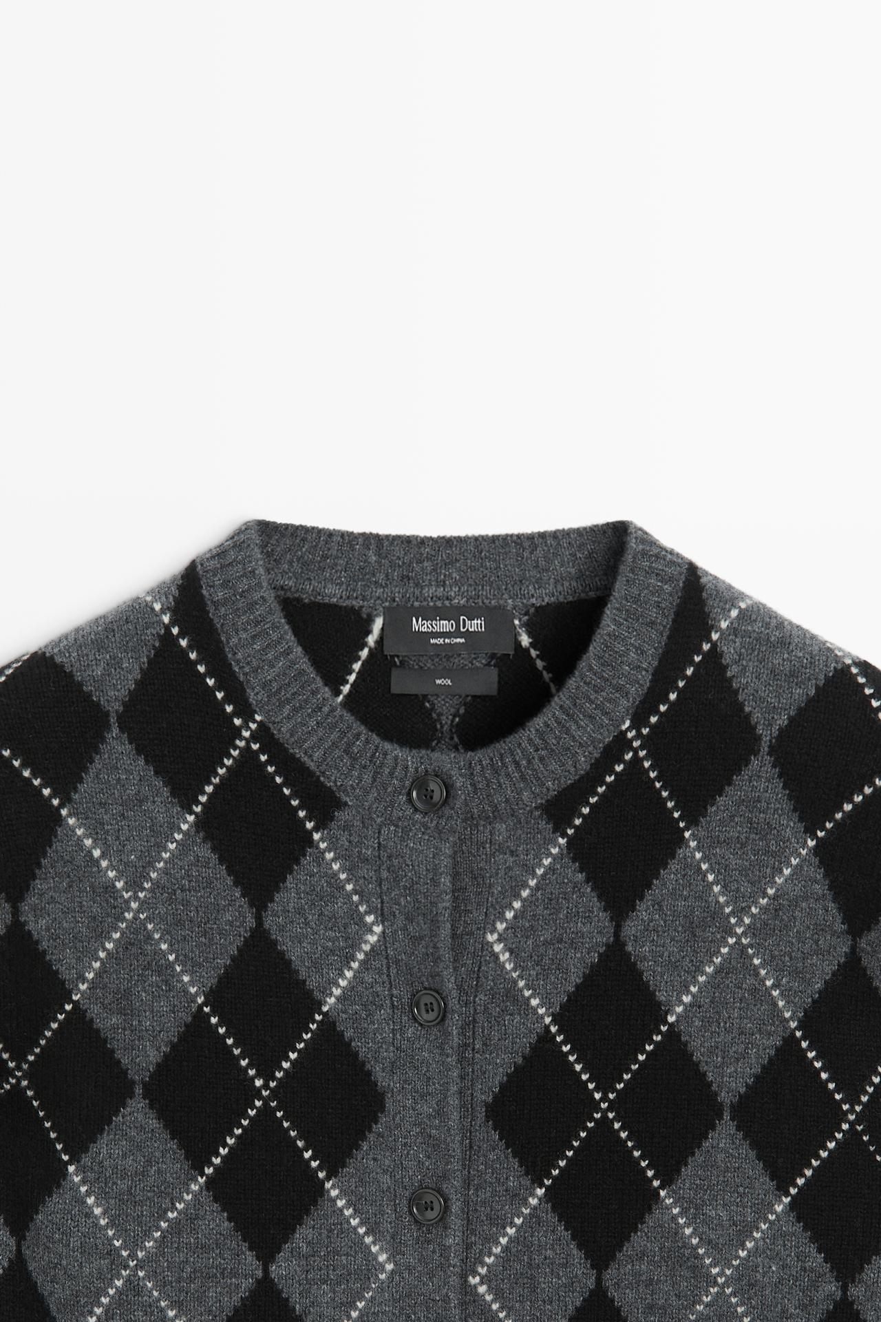 100% wool argyle knit cardigan — DARK GREY