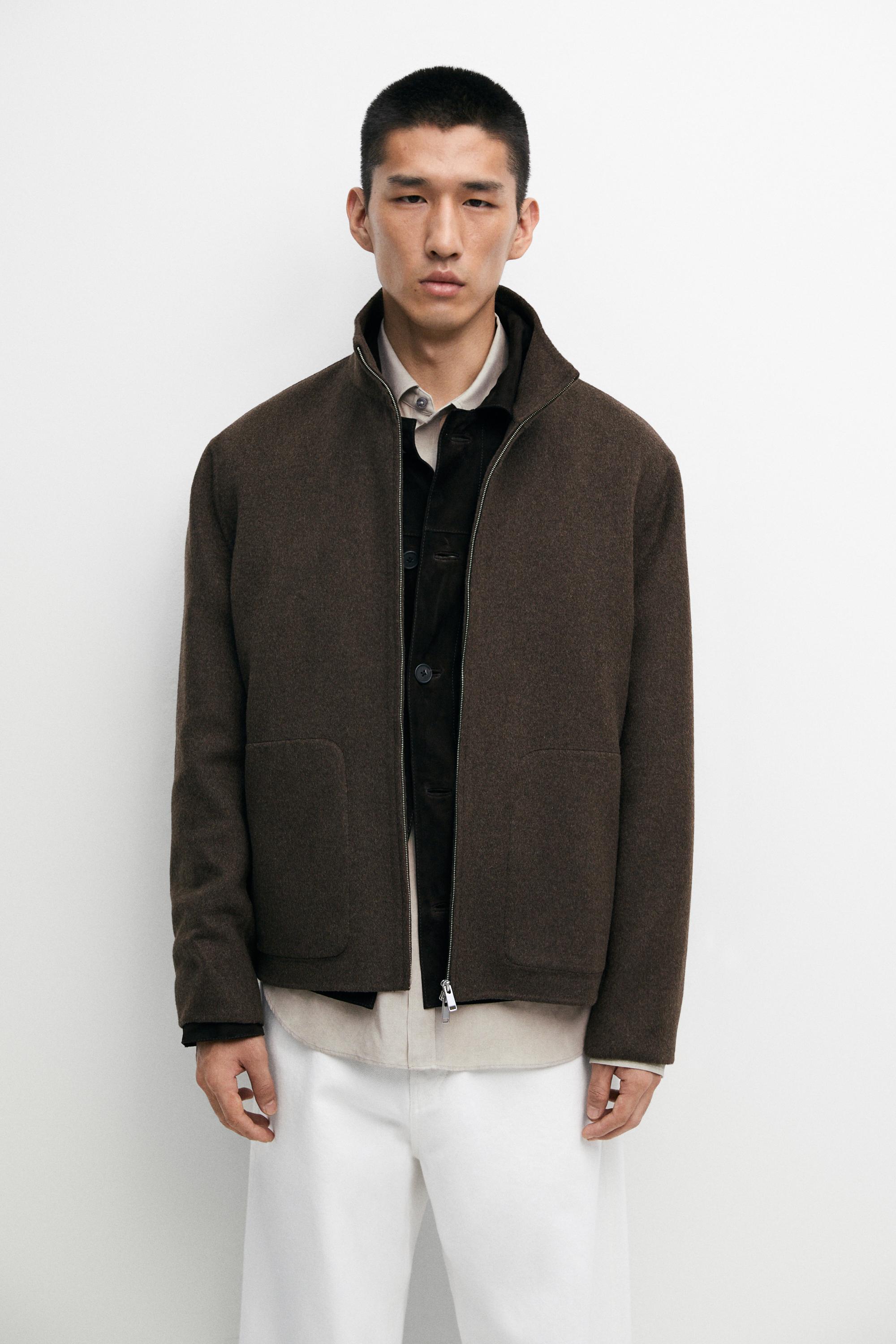 Wool blend double-fabric jacket with stand collar — BROWN