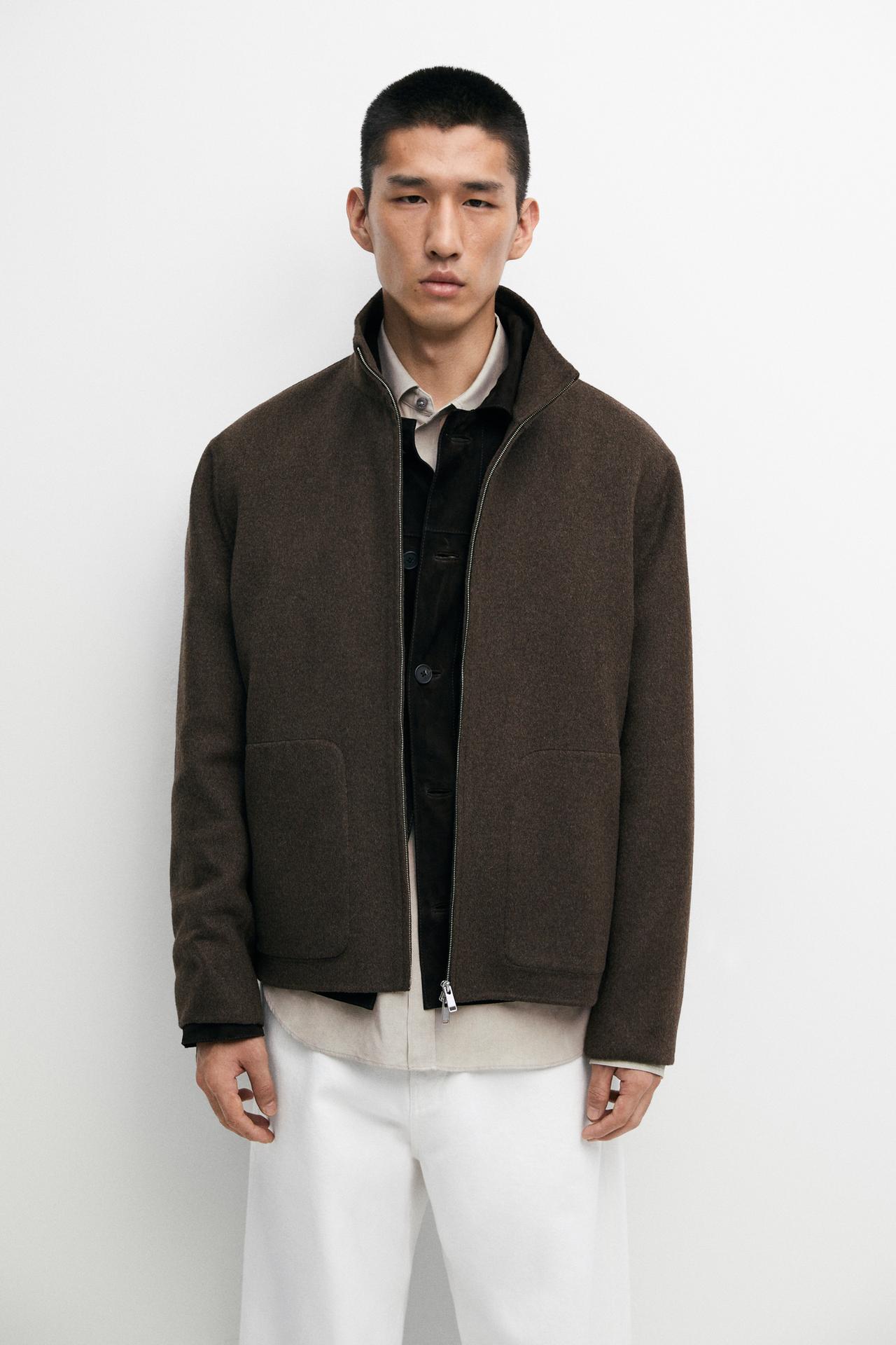 Wool blend double-layer jacket with high collar — BROWN
