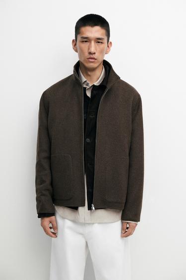 Wool blend double-layer jacket with high collar — BROWN 3